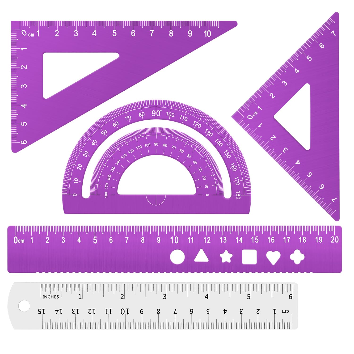Honagu Triangular Ruler Set, 4+1Pieces Aluminum Alloy Ruler, Metal Drafting Ruler, Geometric Protractor for Student, School Office Supplies (Purple, 20cm)