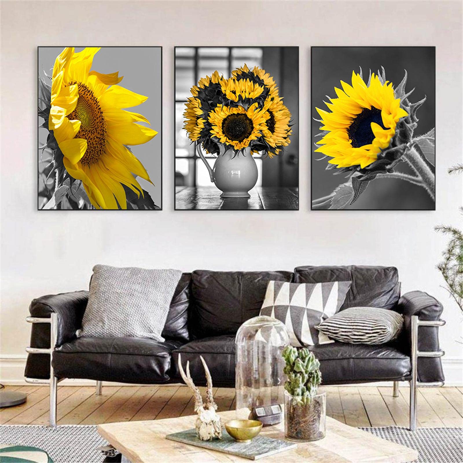Carteles de arte de pared de girasol blanco y negro lienzo pintura de pared decorativa para sala de estar decoración del hogar imagen abstracta 40x60cmx3 sin marco