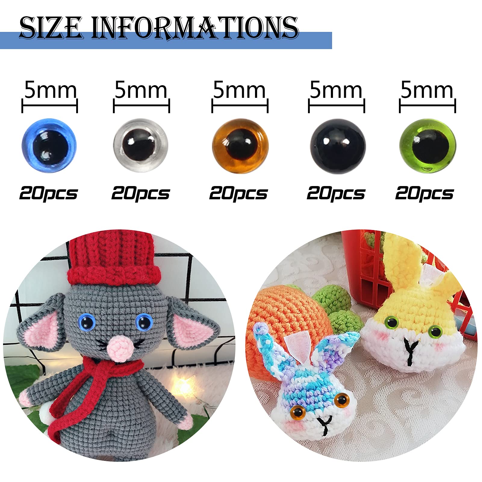 TOAOB 100pcs 5mm Glass Eyes Kits Mixed Colors for Crafts Needle Felting Bears Dolls Decoys Sewing, Black,blue,clear,green, 5 mm - Image 2