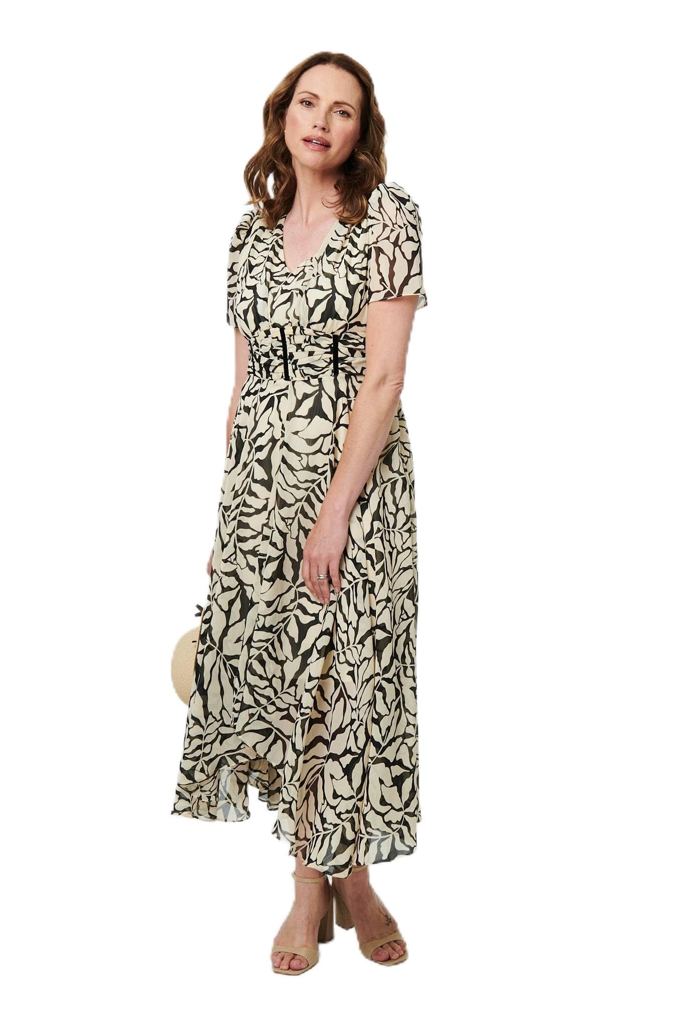 Izabel London Women's Printed Ruched Front V-Neck Midi Dress in White | Size: 16