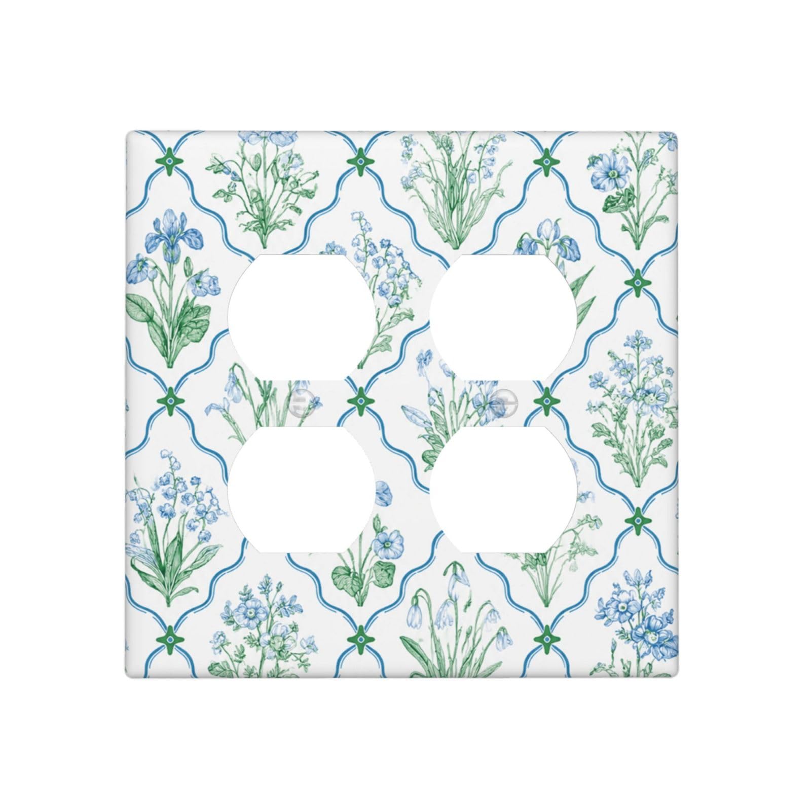 Dwbguo Cottagecore Botanical Decorative Outlet Covers Vintage Blue Green Botanical Wildflower Grid 2 Gang Wall Plate Double Duplex Receptacle Light Switch Covers Switch Plate Cover For Farmhouse Kitchen Decor