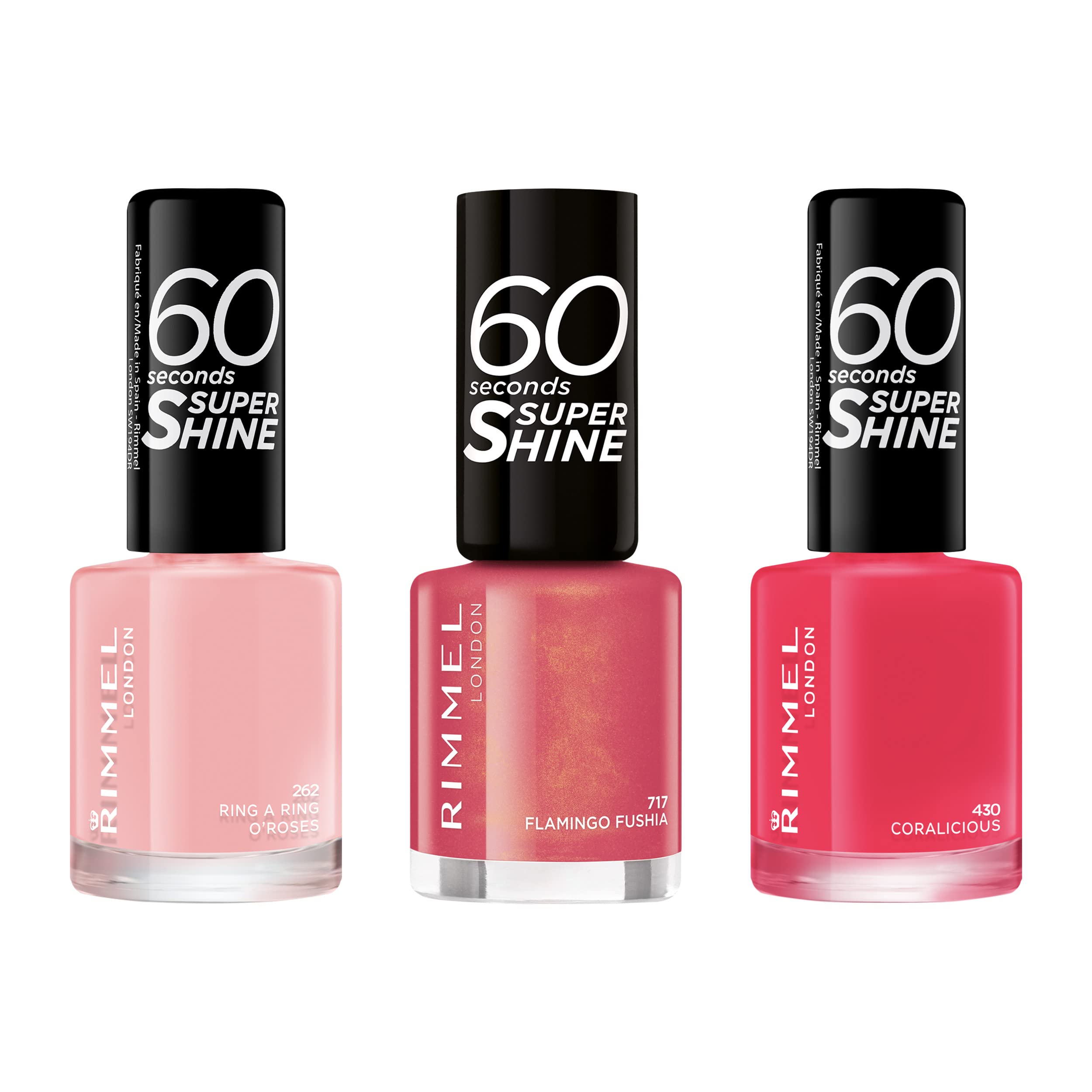 Rimmel London 60 Seconds Super Shine Smalto, Smalto asciugatura rapida, Colore vibrante, A lunga tenuta, 8 ml, 262 RINGARING Roses