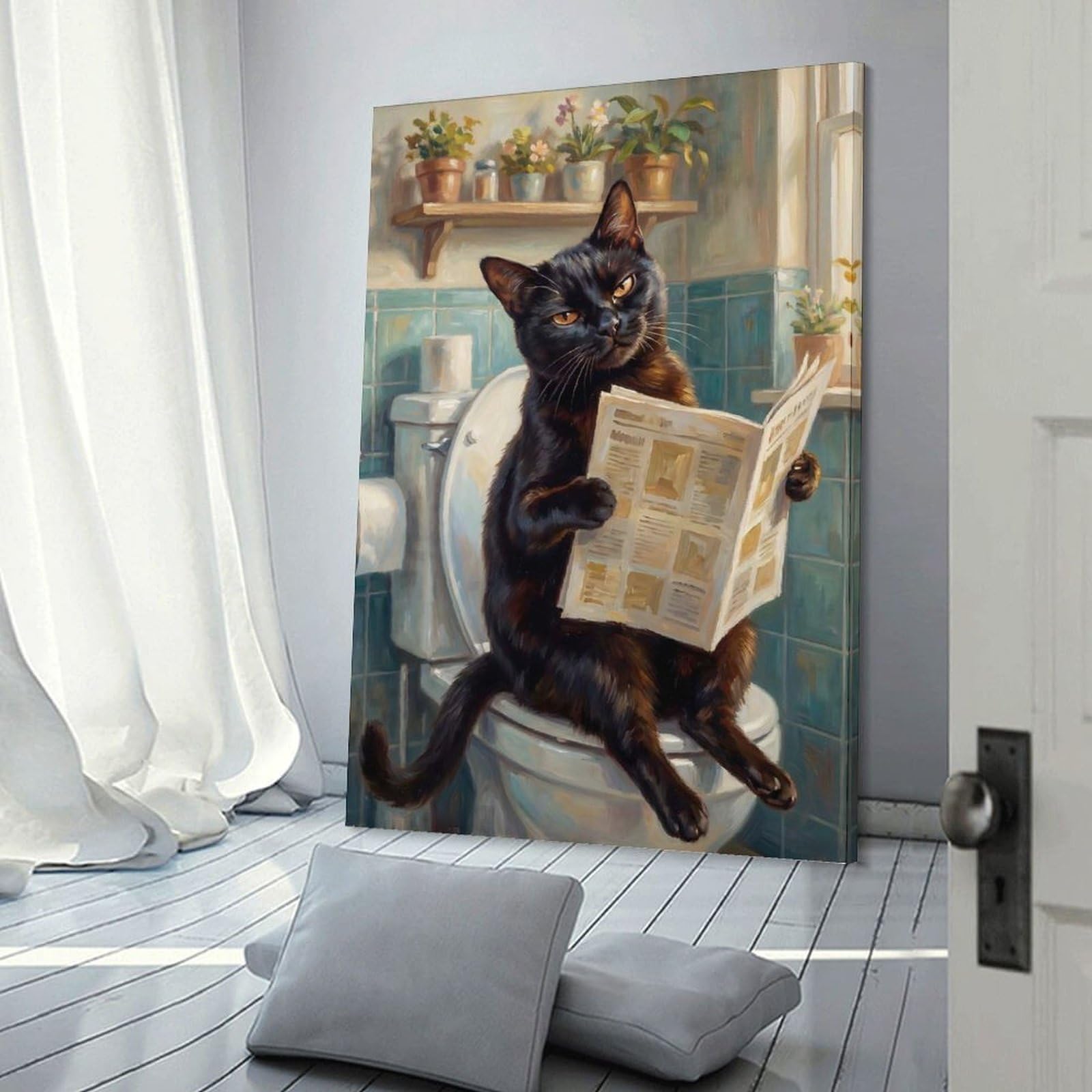 Junmoney Frame-Style-11 Black Cat Reading Newspaper On Toilet Room Decor Wall Art 12X18inch(30X45cm), For Entrance Walls, Hall Decor Or Foyers, A Neat Decor Update For Hallways