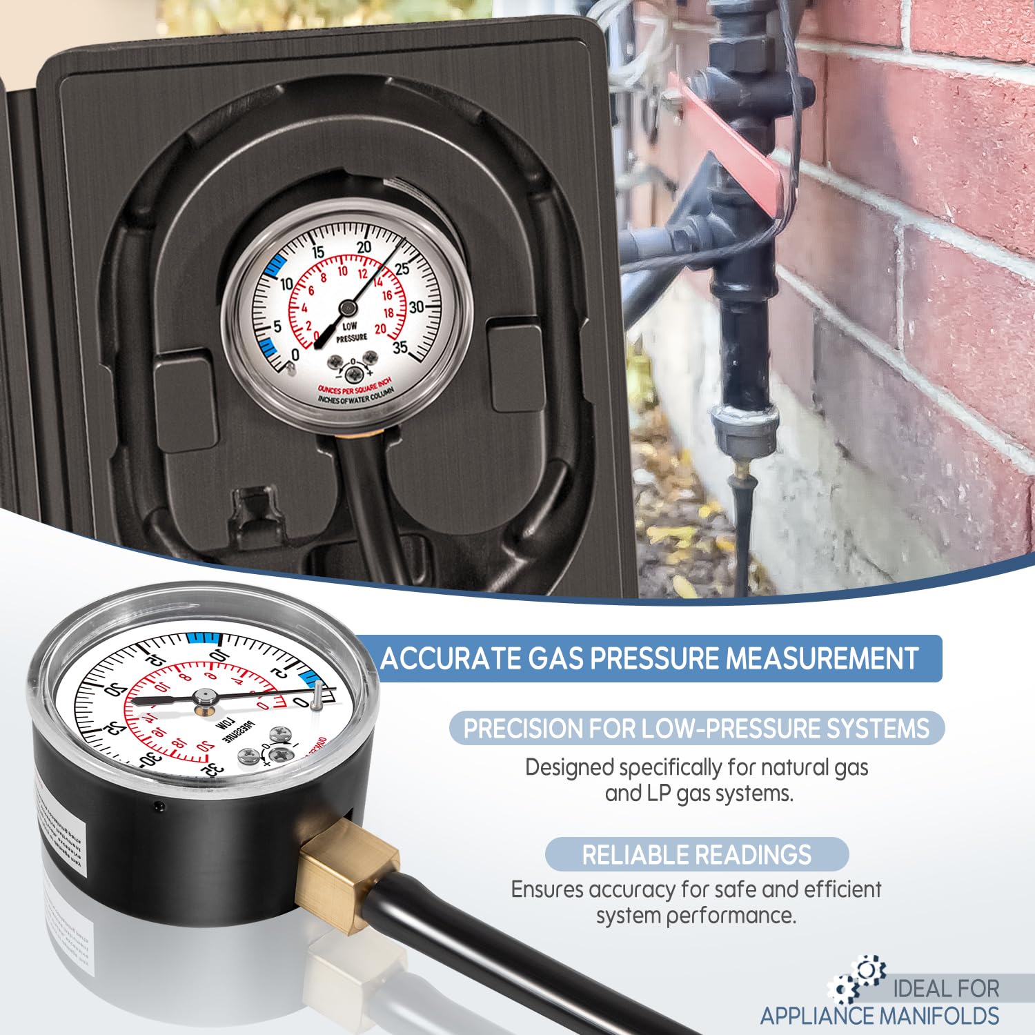 Natural Gas or LP Gas Manifold Pressure Test Kit, Natural Gas Meter, LP Gas Pressure Tester, 0-35" W.C., 1/8" NPT, 40" Length Hose, Replacement for Measureman