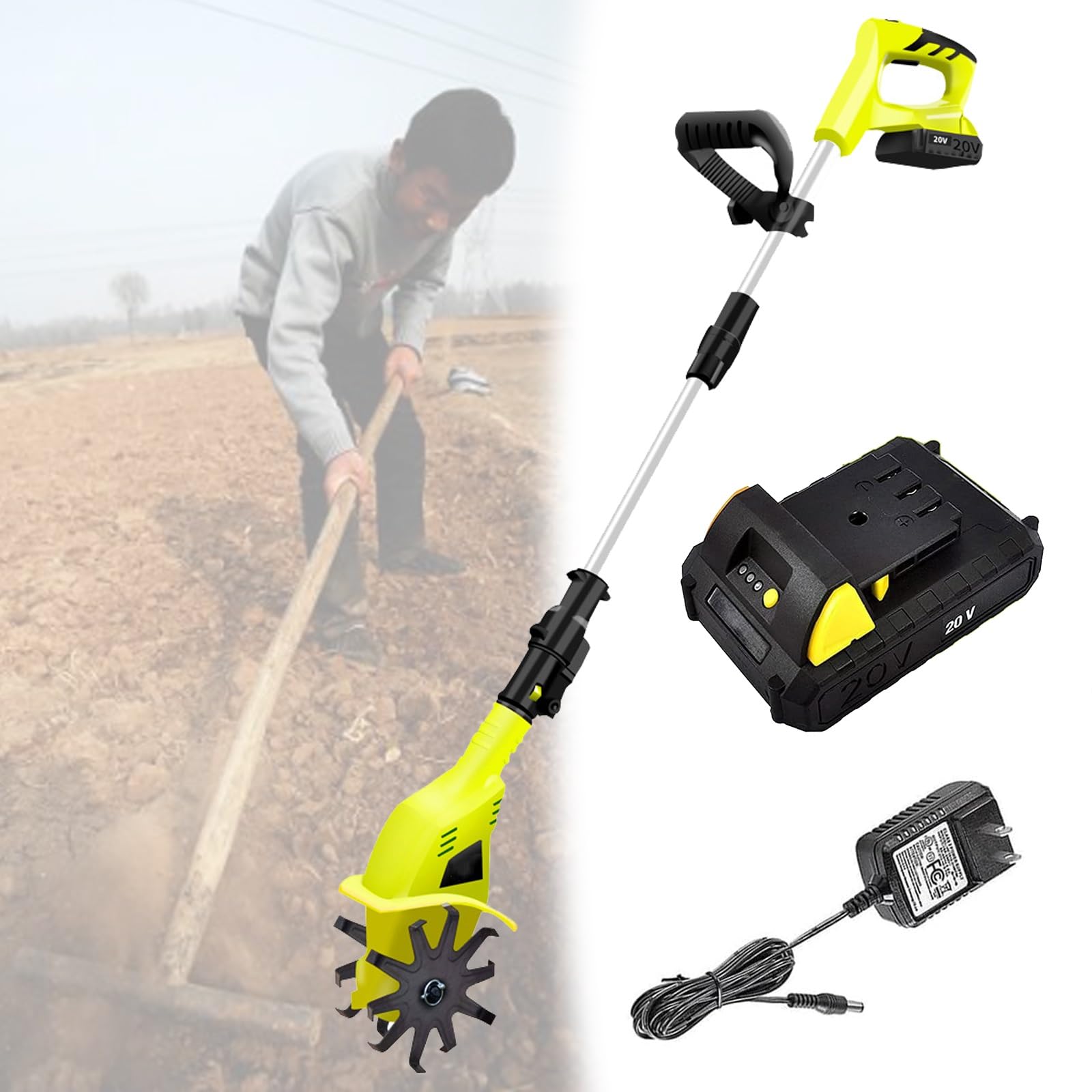 Motozappa elettrica da Giardino Coltivatore a Batteria Larghezza di Lavorazione 10,5 cm profondità 25 cm Motozappa Portatile per Giardino - Batteria al Litio da 12 Ah