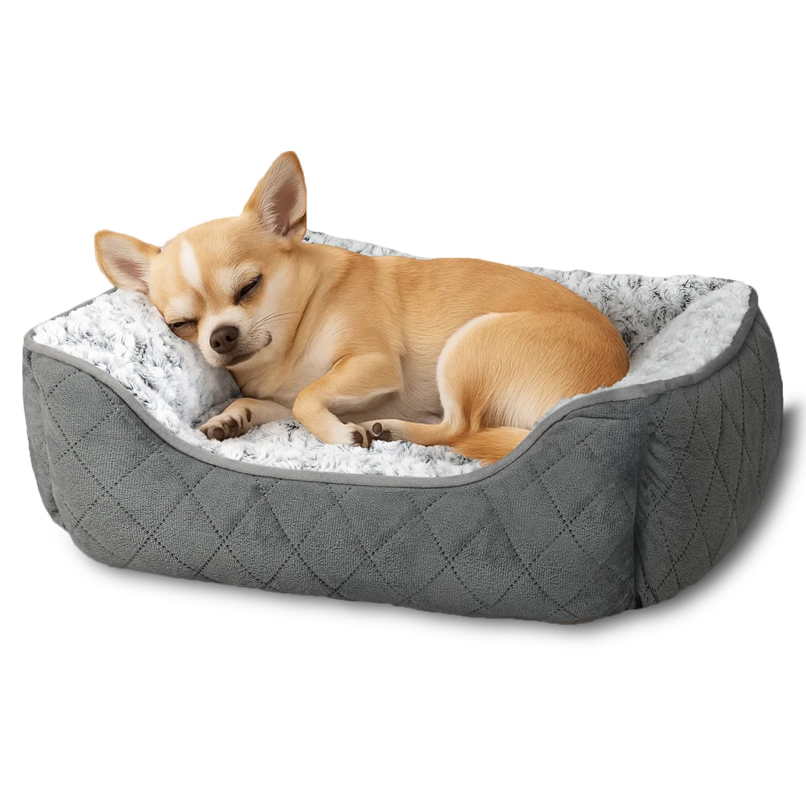Skylos Calming Dog Bed, Grey Plush Orthopedic Pet Bed with Raised Pillow Edges, Non-Slip Bottom for Large & Medium Dogs, Indoor Use (63x53x20cm)