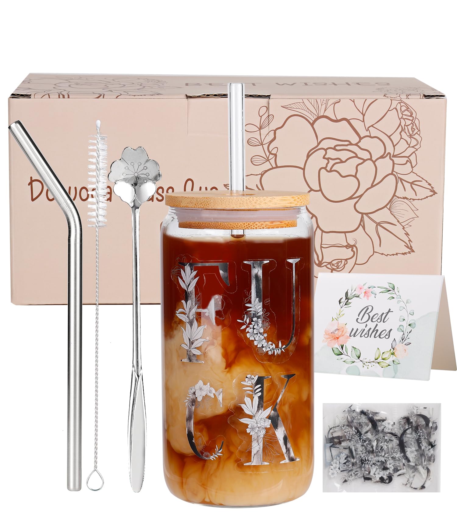 Personalized Initial Glass Cup Gifts Set Happy Birthday Gifts Basket for Women Mom BFF Her Friends Coworkers Wife Daughter Sister Aunt Funny Christmas Day Gifts Set Drinking Cups 16 OZ DIY Set