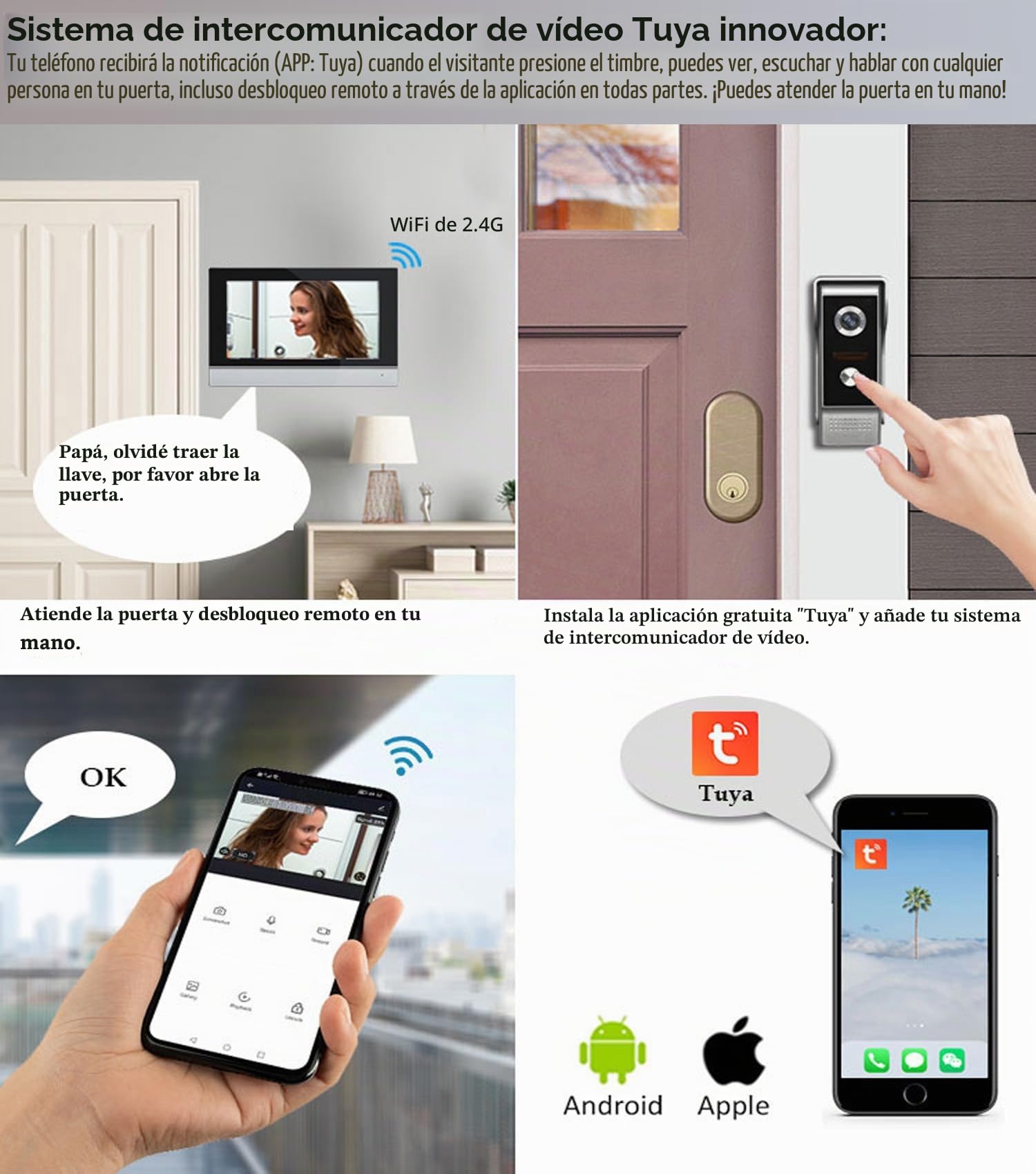 WiFi Pantalla táctil de 10 Pulgadas HD 1080p Ultrafino Inalámbrico Videoportero Timbre Video Interfono,Detección de Movimiento, Compatible con la App Tuya, Almacenamiento de Vídeo Gratuito