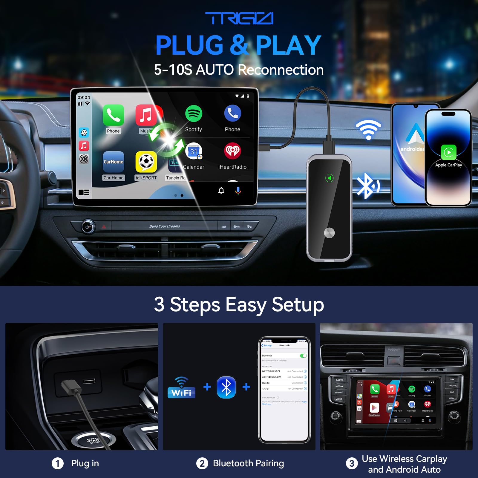 Trigizi 2-in-1 Wired to Wireless CarPlay and Android Auto Adapter Dongle Compatible with Apple iOS & Android Smartphones via USB or Type C, Bluetooth Music Streaming, High Performance-Slim Version