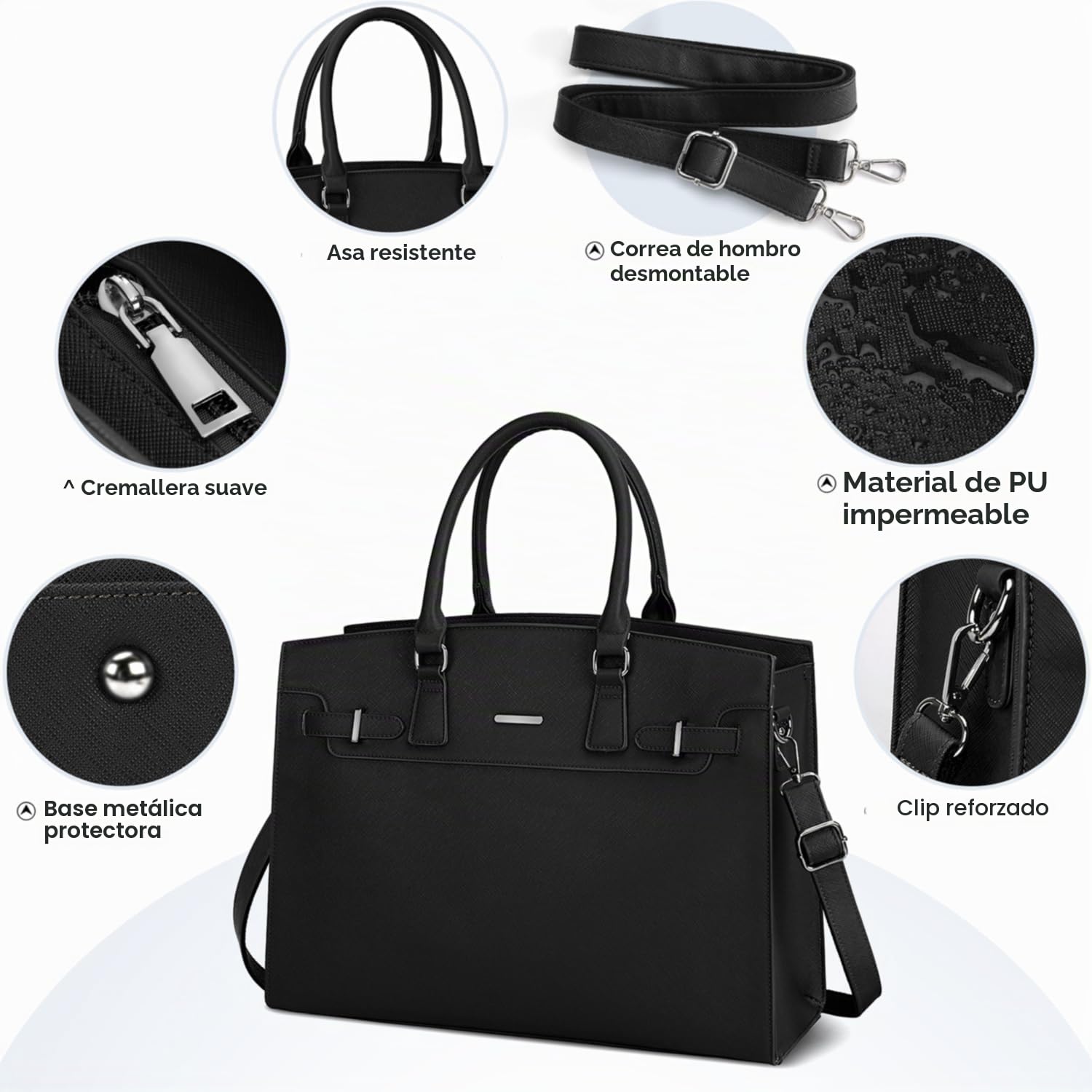 IGOLUMON Bolso de Mujer Grande Bolso Universidad Mujer Cuero PU Bolso Portatil Mujer 15.6 Pulgadas para Ordenador Impermeable Shopper Bolso Tote Negro