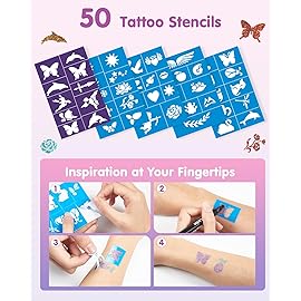 Lictin Temporary Tattoo Markers for Skin, 7 Colors Dual-End Skin Tattoo Pens with 50 Tattoo Stencils, Metallic Body Markers for Kids Teens and Adults, Flexible Brush Tip, Cosmetic-Grade
