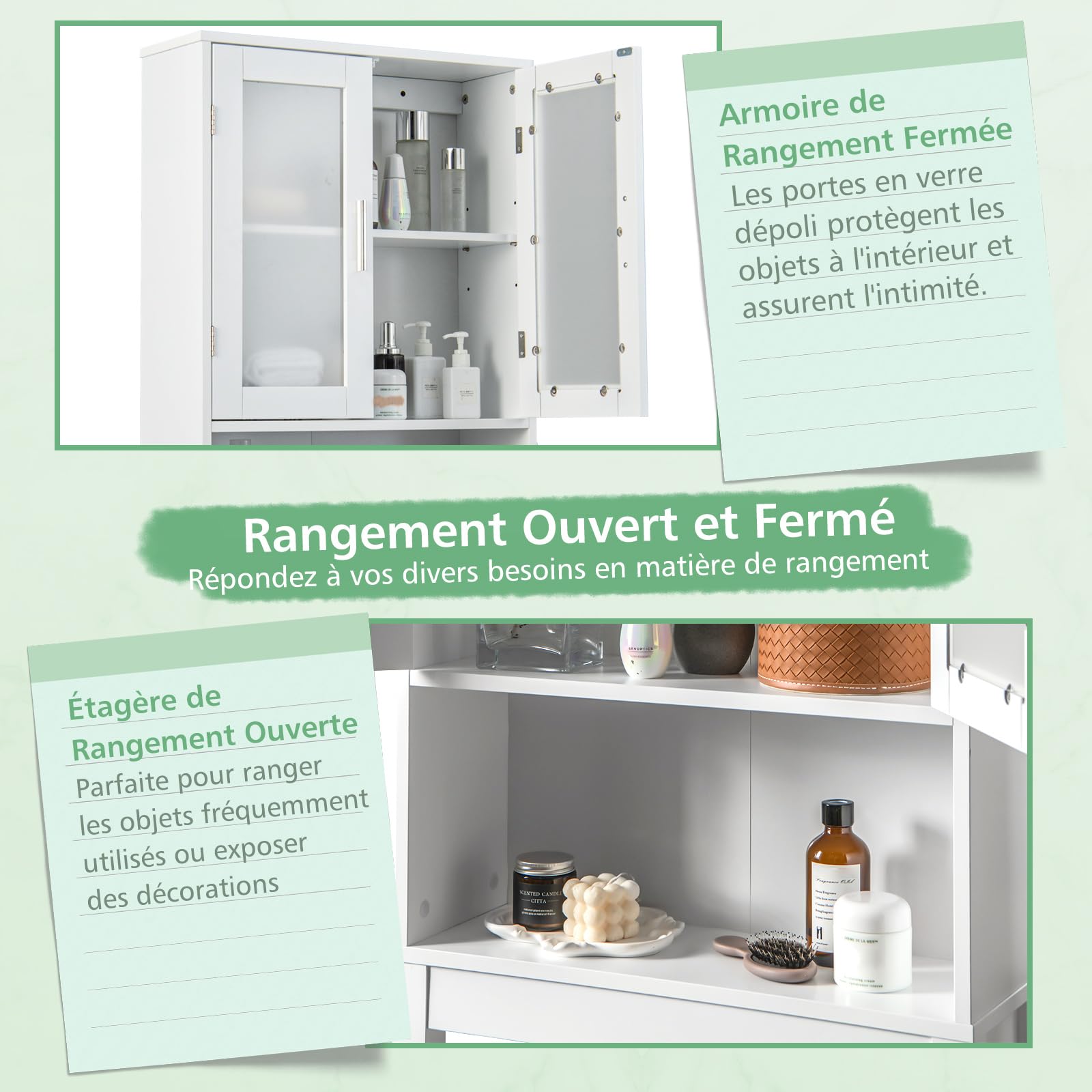 Meuble Étagère de Salle de Bain, Rangement au Dessus des Toilettes WC ou Lave-Linge, 2 Étagères Ouverte et 2 Tiroirs, 60 x 20 x 165 CM, Blanc | Leroy Merlin