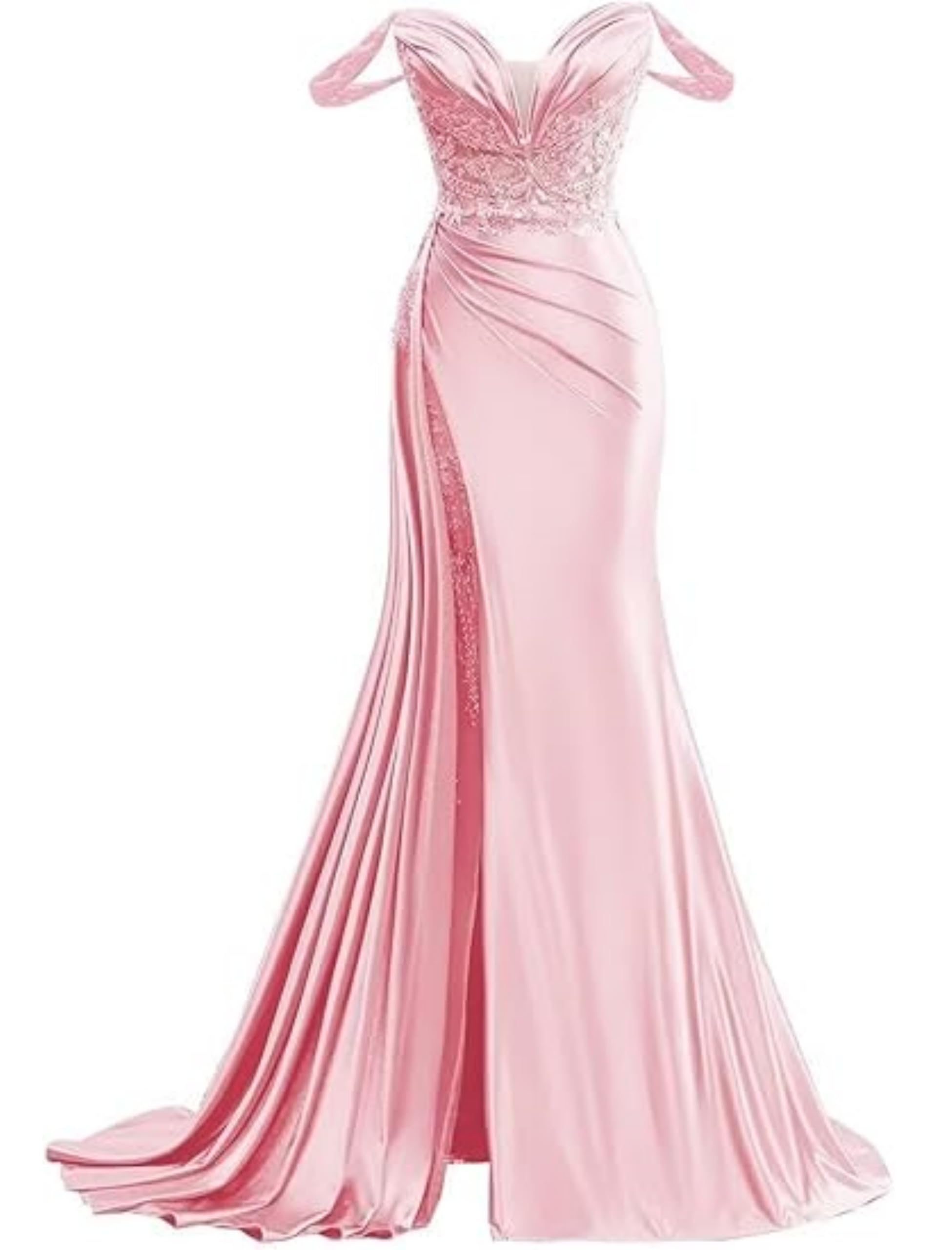 Off Shoulder Satin Prom Dresses Long 2025 Pleated Beaded Mermaid Formal Evening Gowns with Slit