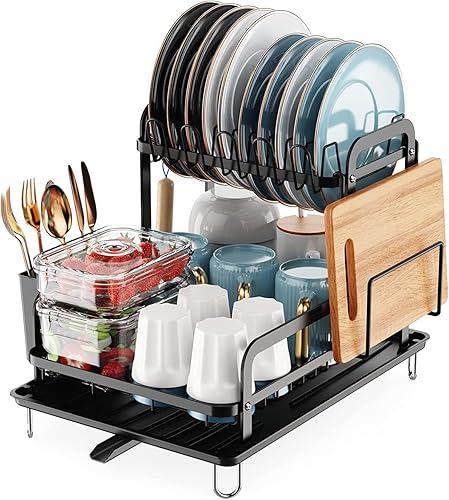 Escurridor de platos para encimera de cocina, escurridor de platos de 2 niveles con escurridor desmontable, juego organizador de escurridor a prueba