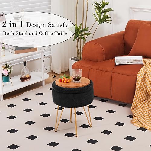 Miniatura 3 de Cplxroc Reposapiés otomano redondo de piel sintética de visón con espacio de almacenamiento silla de tocador suave mesa auxiliar mesa auxiliar