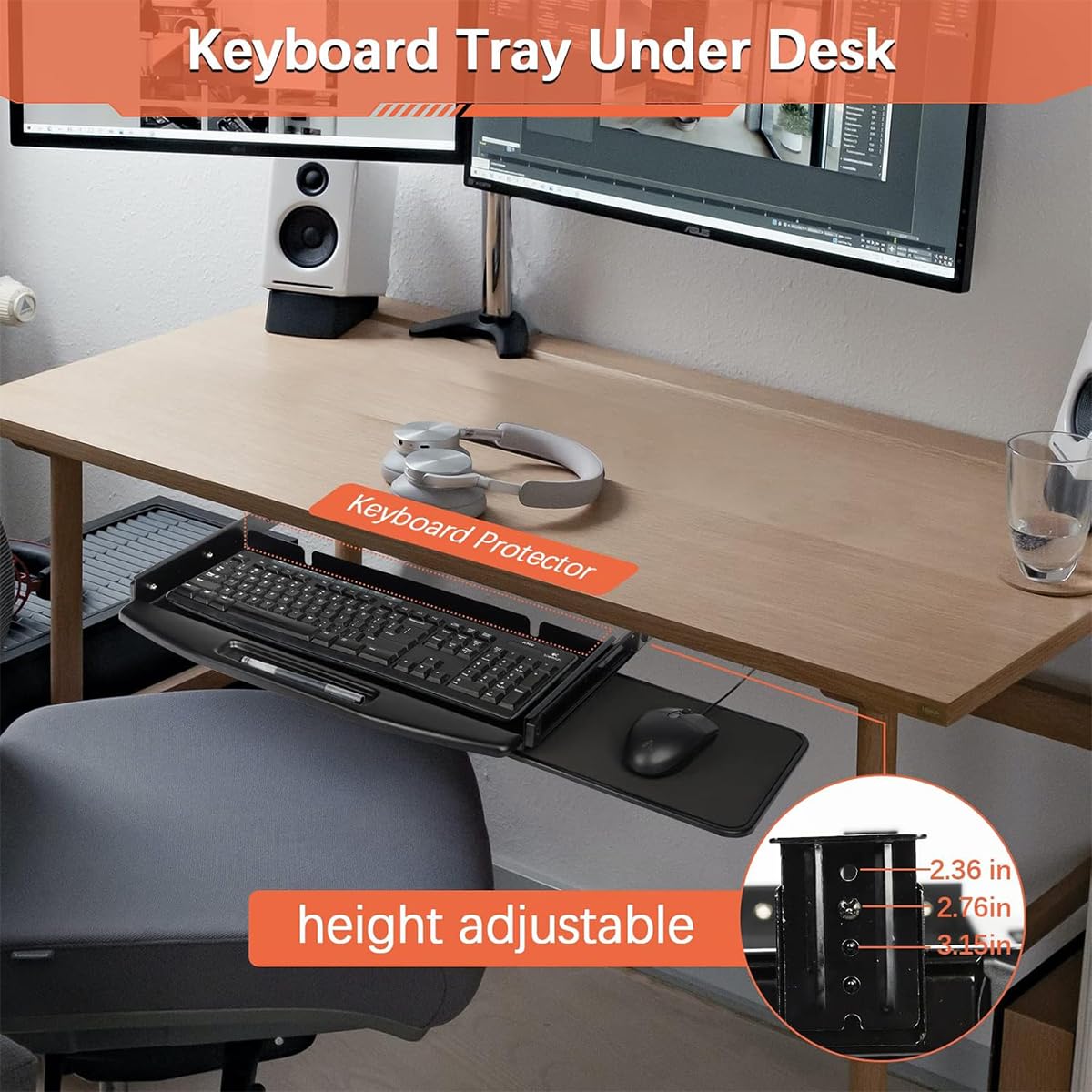 Bandeja Para Teclado Bajo El Escritorio, 50 Cm De Largo X 25 Cm De Ancho, Con Plataforma Giratoria De 360 ​​Grados Para RatóN, Bandeja Deslizable De Acero Para Escritorio De Oficina En Casa (Negra)