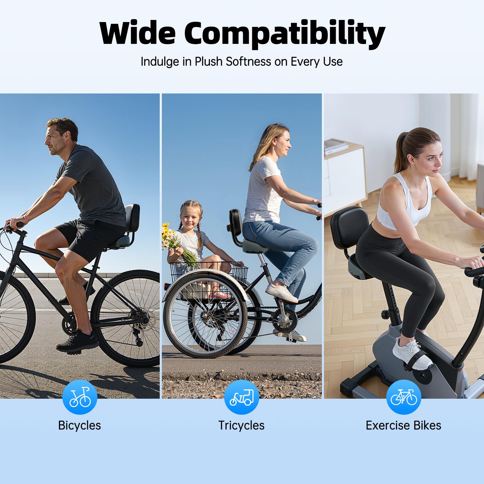 Cómodo asiento de bicicleta con respaldo,Asiento amplio y cómodo,Ancho del sillín de la tija del sillín,Acolchado ergonómico, Respaldo ajustable,Espuma de poliuretano amortiguadora,Asiento de repuesto