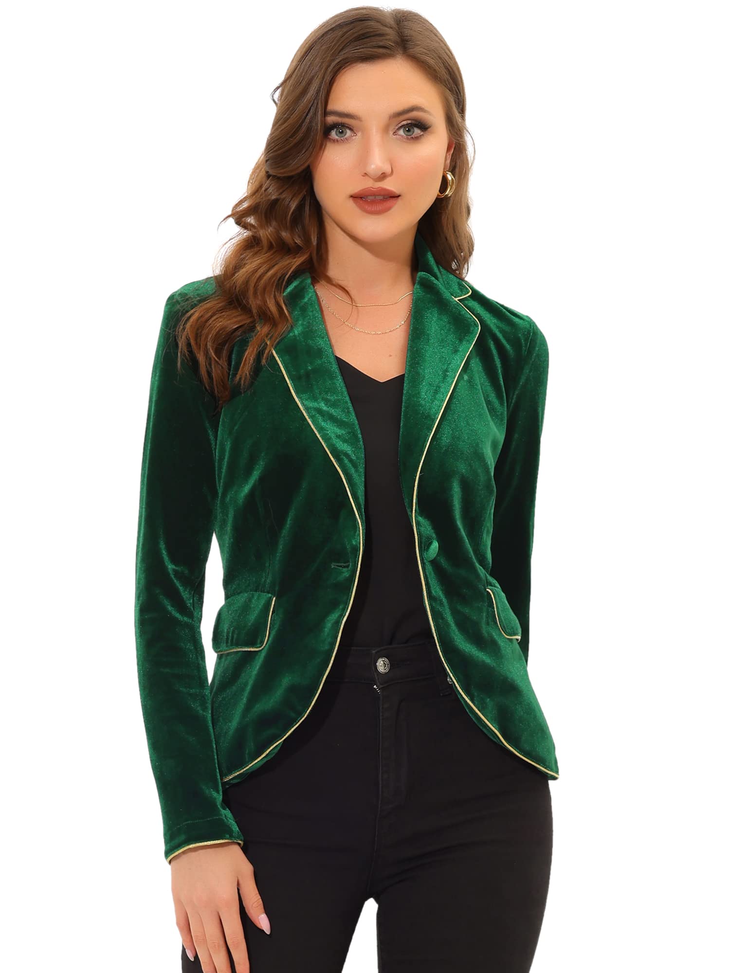 Allegra K Womens Suit Jacket Notched Lapel 1 Button Office Velvet Blazer
