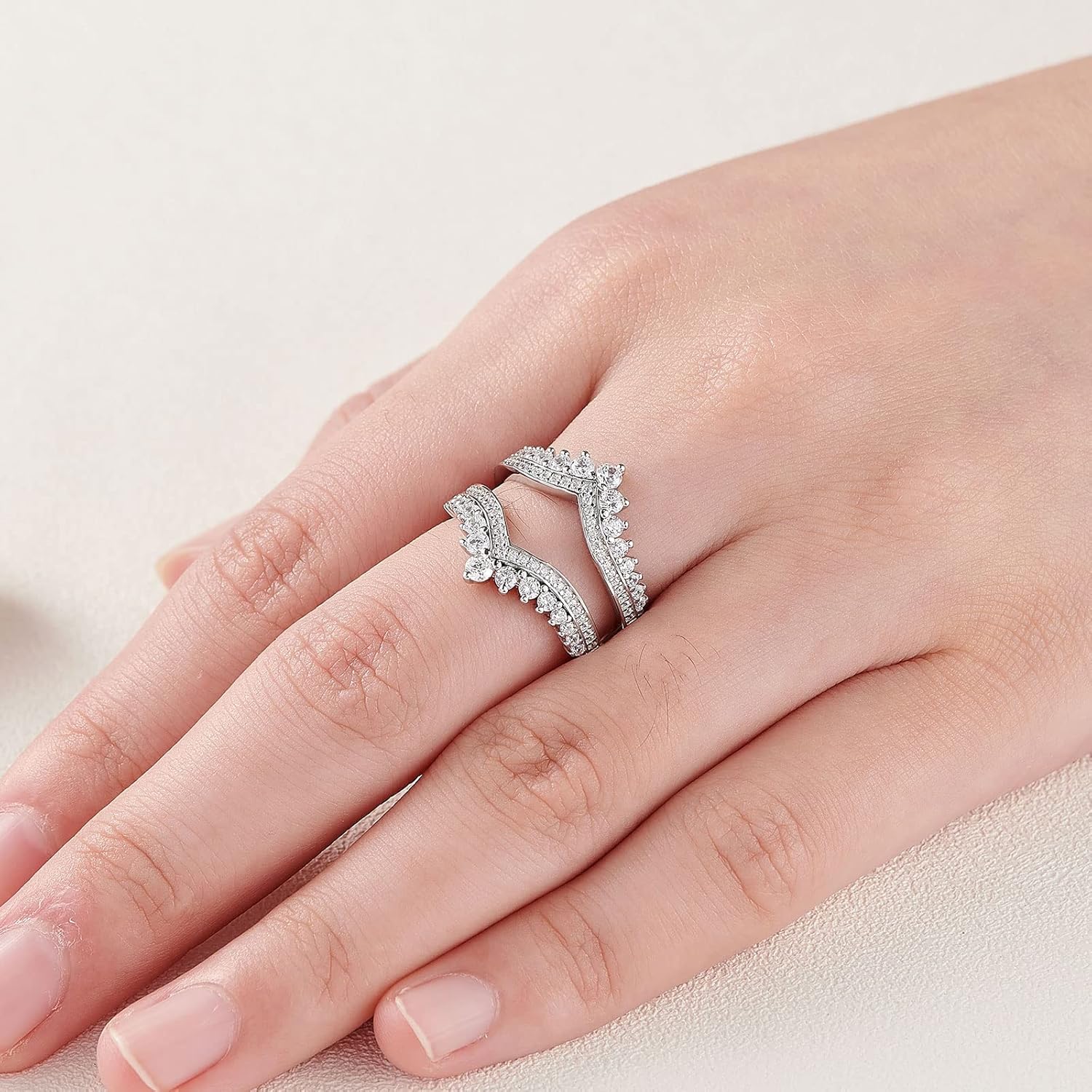 Newshe Jewellery Cubic Zirconia Wedding Bands for Women Crown Double Ring Enhancer for Engagement Rings 925 Sterling Silver Size 5-10 - Image 5