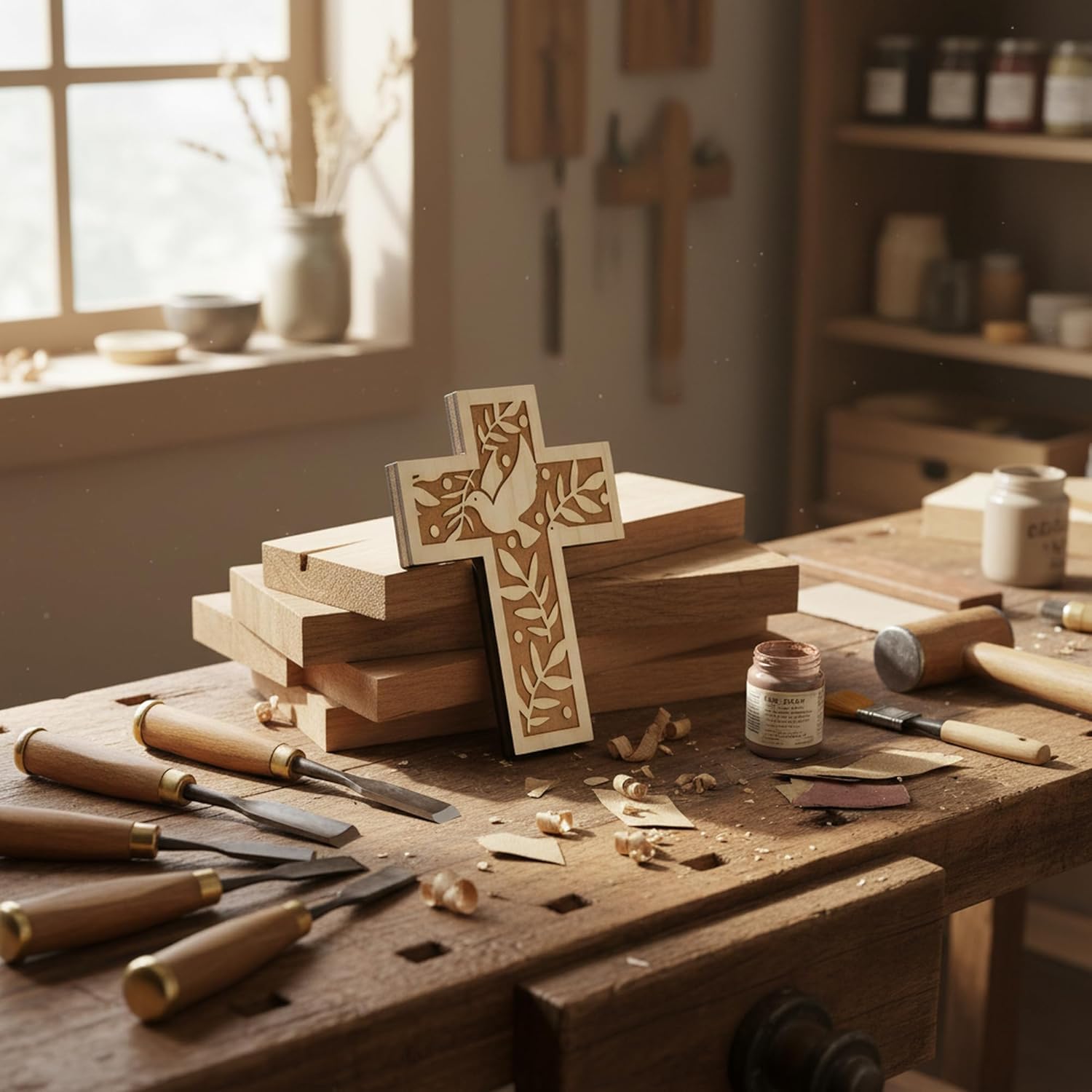 Croix murale en bois d'épicéa 18 cm avec colombe et rameaux d'olivier Kaltner