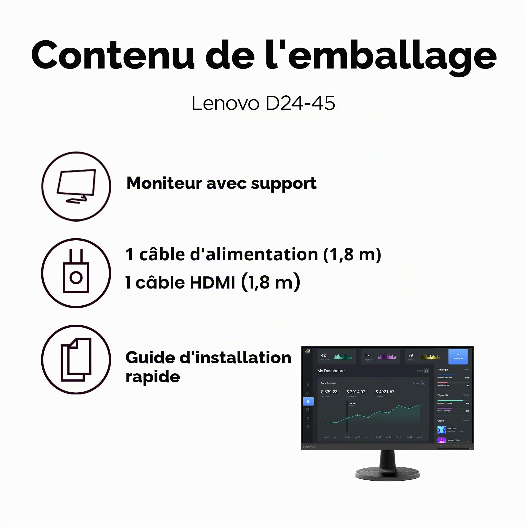Lenovo D24-45 Moniteur - Écran FullHD 24 Pouces (1920 x 1080, VA, Bords Ultra-Fins, AMD FreeSync, 4ms, 75Hz, câble HDMI, entrée HDMI + VGA) - Raven Black - Exclusive Amazon, 2022
