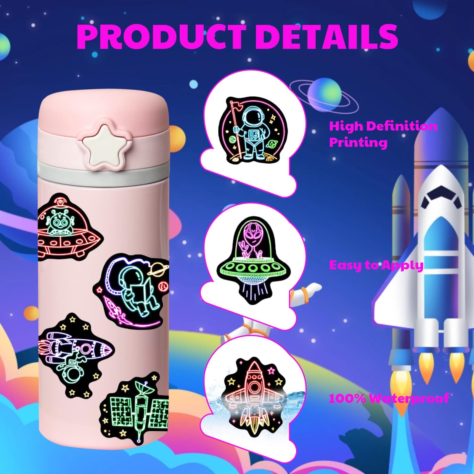 Pack De 52 Pegatinas De Astronautas Neon – Vinilo Impermeable Para Mochilas, Ordenadores Y Botellas – DIY Para Niños Y Adolescentes