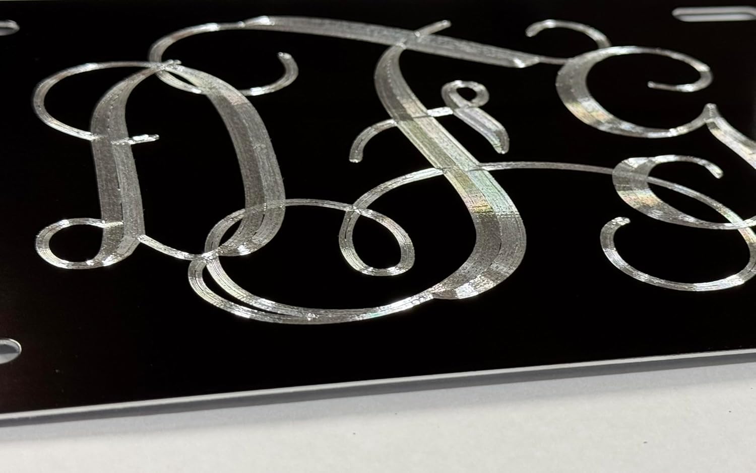 Custom 3 Letter Monogram Car Tag Silver Diamond Etched Engraved on Gloss Black Aluminum License Plate