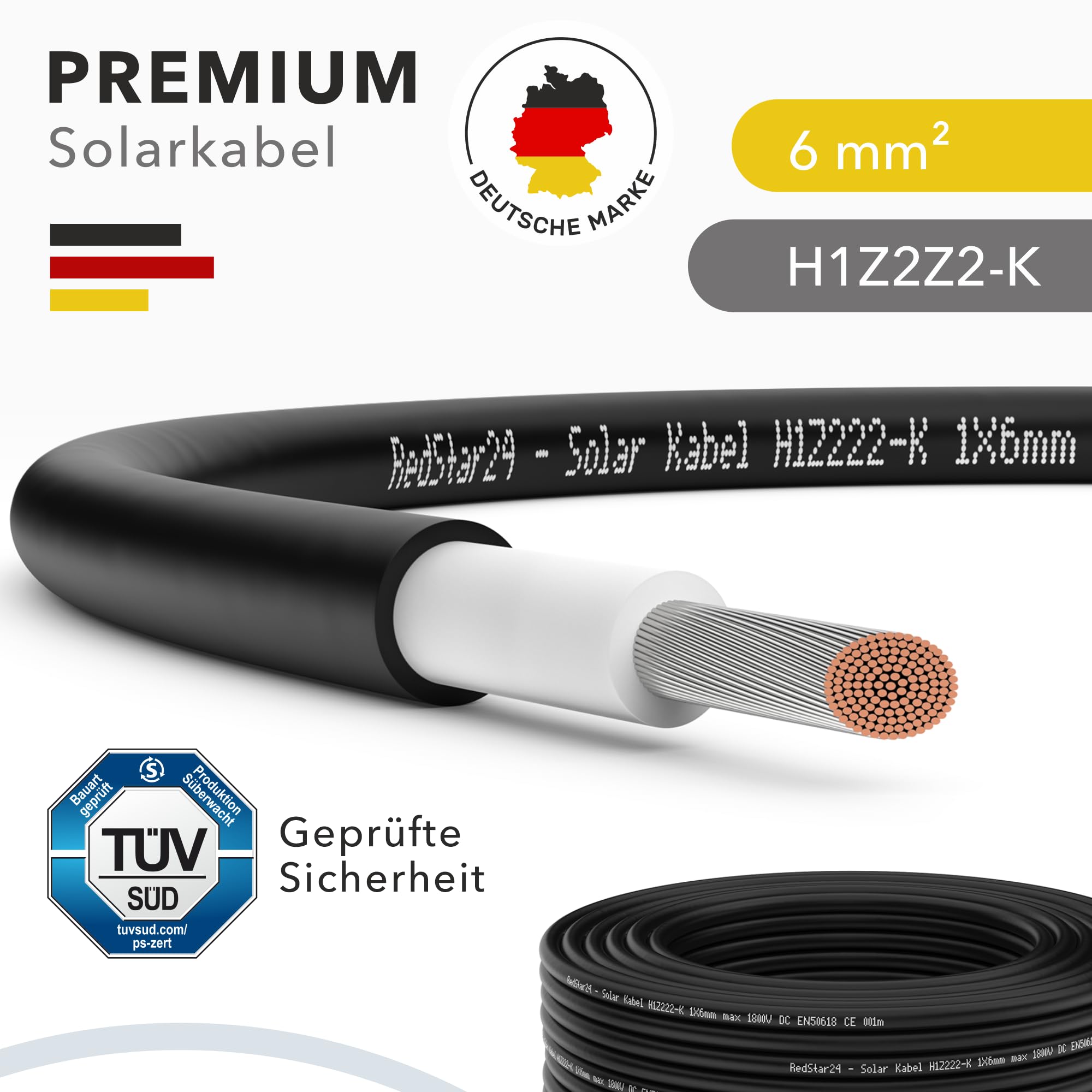 RedStar24 Solarkabel 6mm² Schwarz 20m TÜV SÜD UV-beständig Photovoltaik Kabel PV Kabel Solar Anschlusskabel