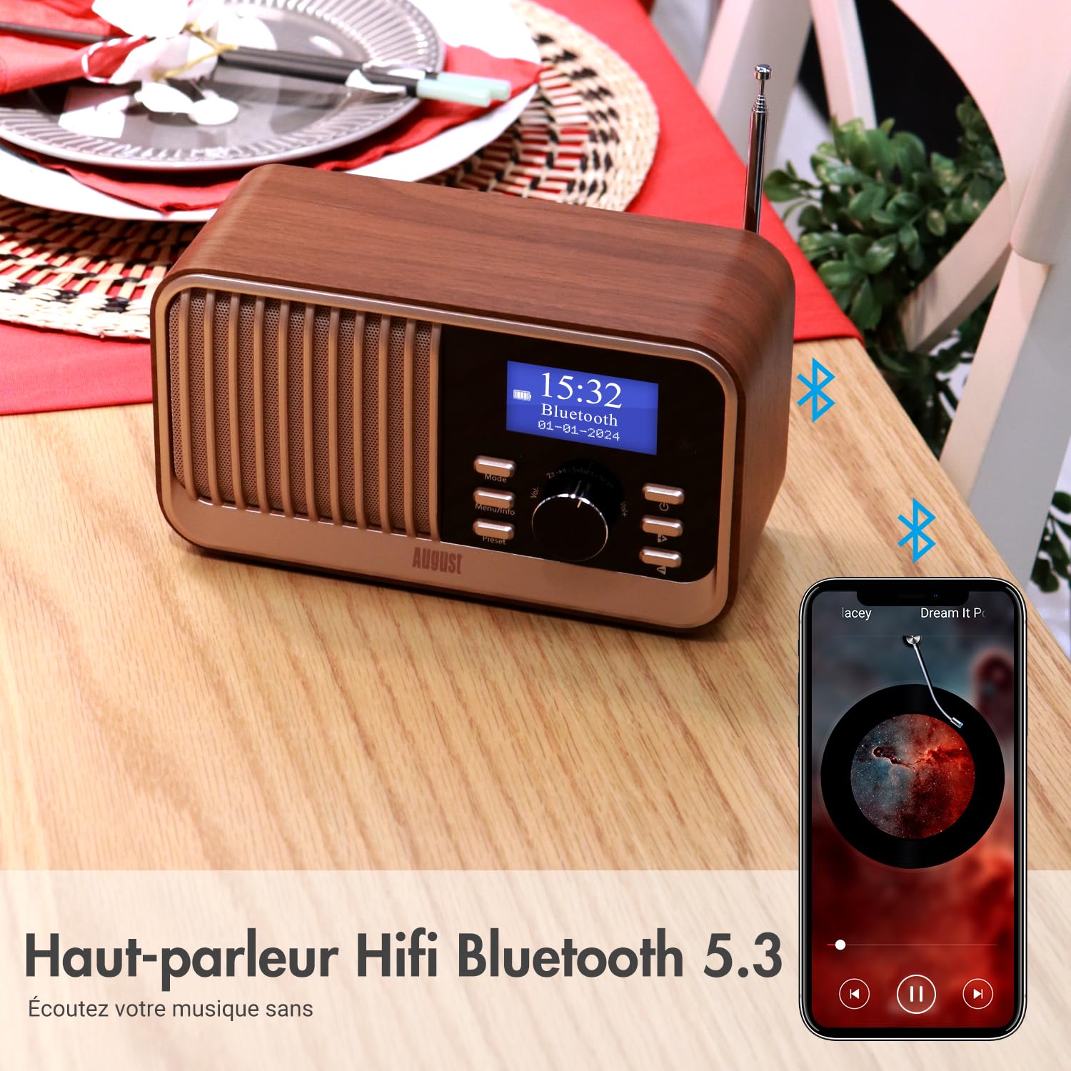 August MB450K - Radio Dab/Dab+/FM Rechargeable Double Réveil, Radio Portable Rétro avec 60 Présélections, Haut-Parleur Bluetooth 5.3, USB/AUX/Carte MicroSD, Autonomie 18H et Télécommande - Chêne
