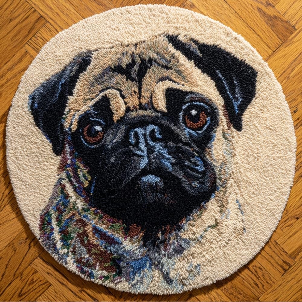 WallustrioaW Round Latch Hook Rug Kits Pug for Adults and Starter 50 * 50Cm