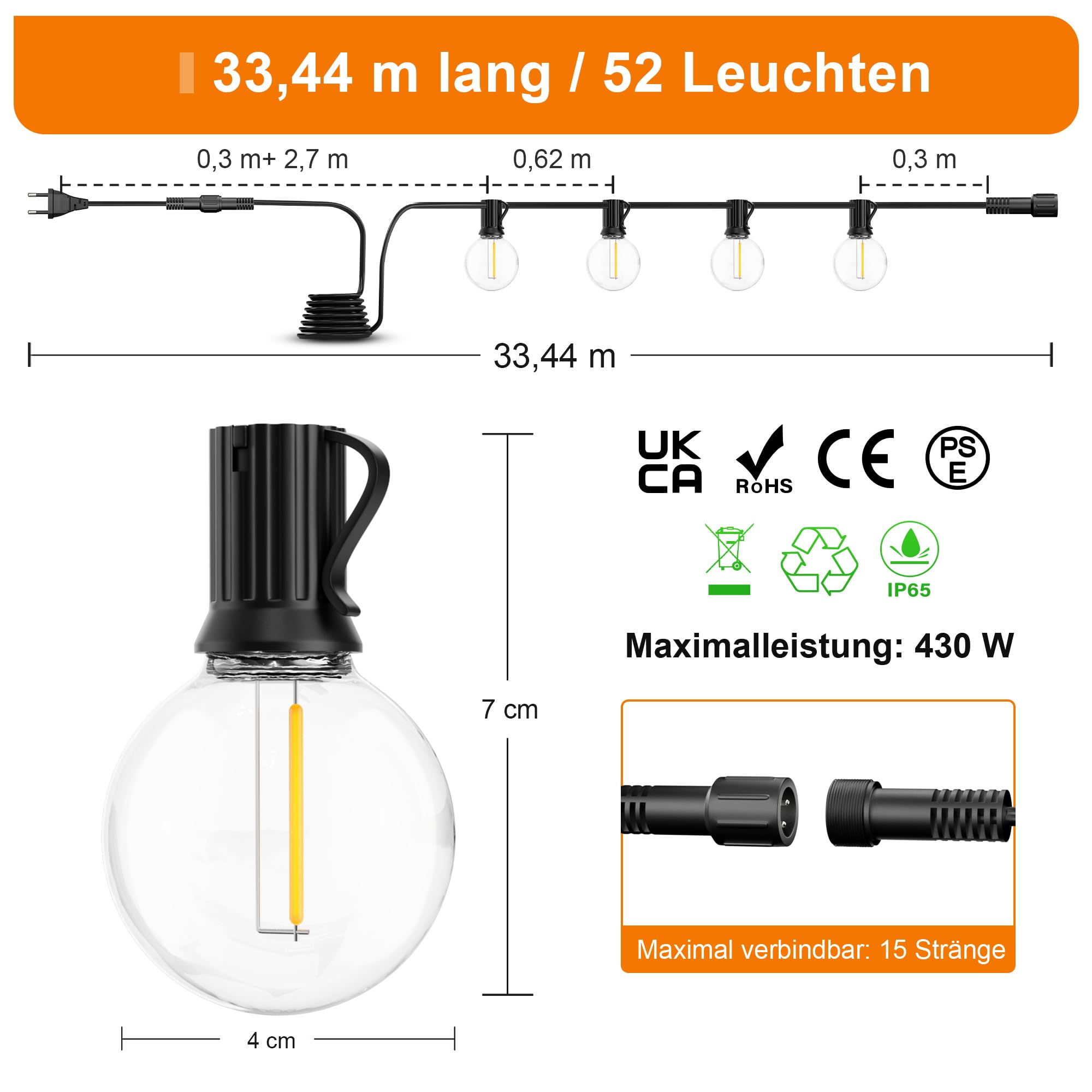 LED łańcuchy świateł zewnętrzne 33 m z 52 żarówkami, G40 plastikowe kule 2200K ciepła biel, regulowalne, wodoodporne, łączy się do ogrodu, patio, werandy i imprez kawowych, złączko E12