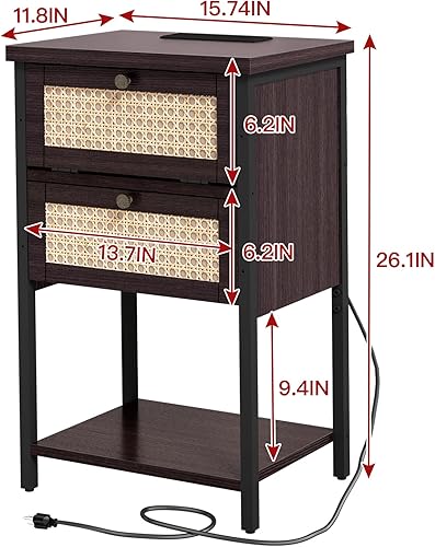 Miniatura 3 de Mesa auxiliar con estación de carga, mesita de noche decorada de ratán de 2 niveles con puertos USB y tomas, mesita de noche con cajón, mesa