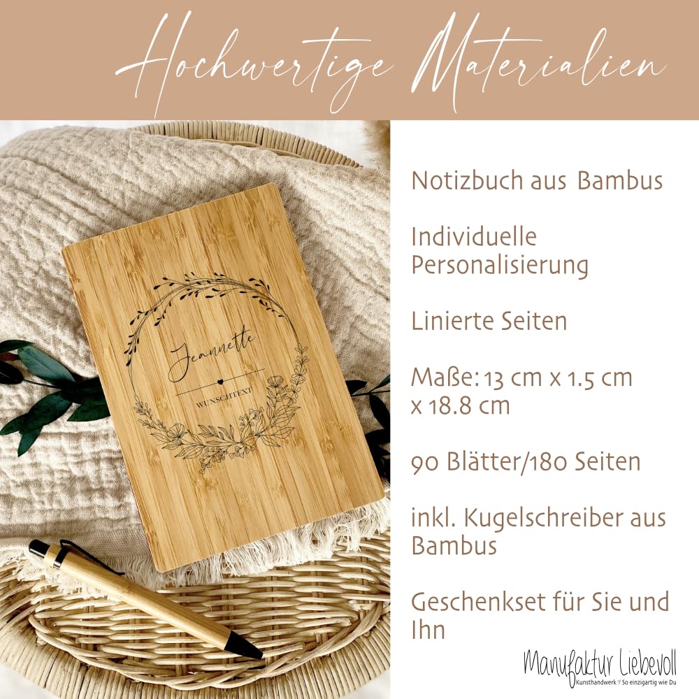Manufaktur Liebevoll I Notizbuch personalisiert Tagebuch mit Namen A5 personalisiert Journal Mädchen Frauen Teenager Geschenk Notizbuch Bullet Journal Geschenkset Kugelschreiber (Motiv Wunschtext)
