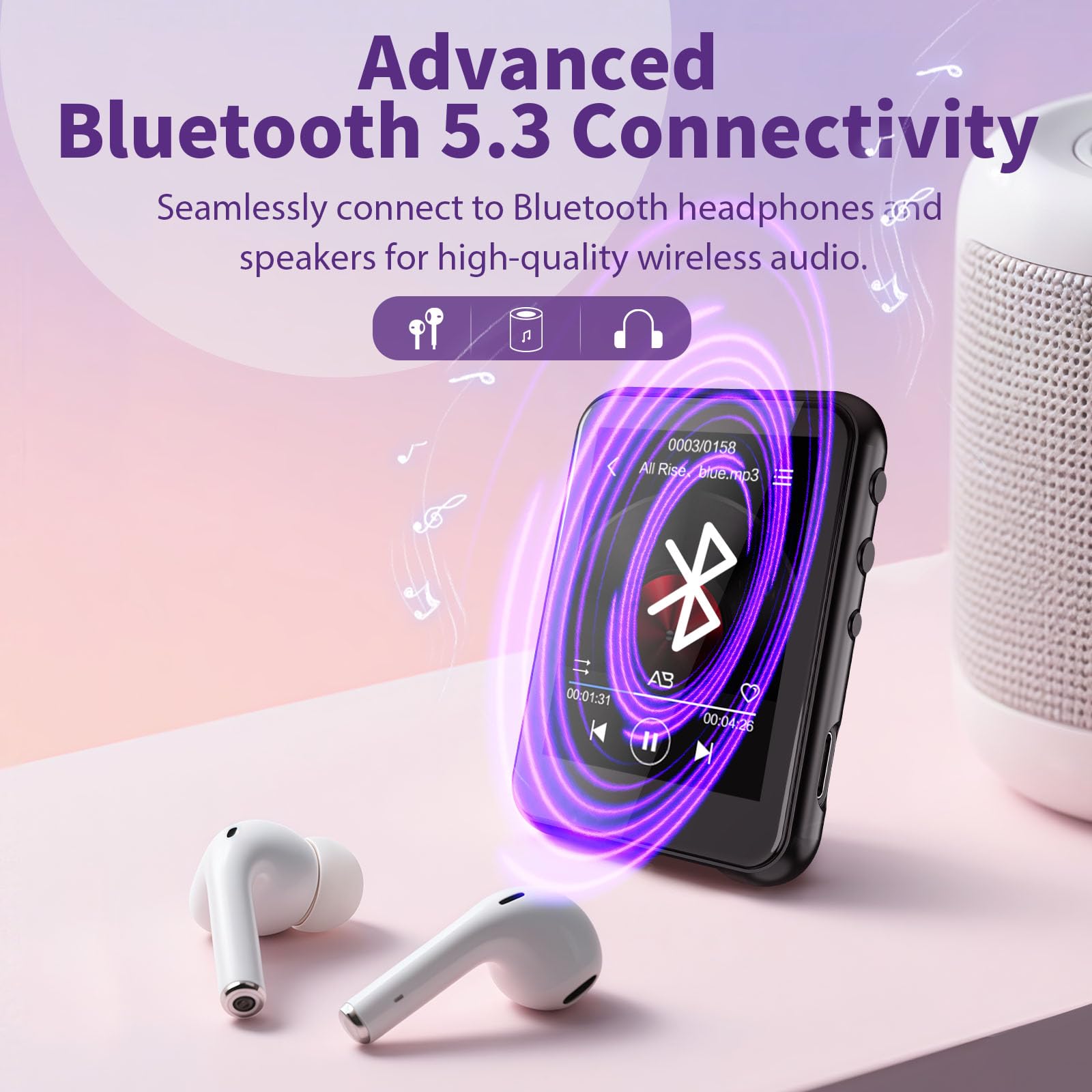 Reproductor MP3 de 64 GB con Bluetooth 5.3, pantalla táctil de 2,4 pulgadas, radio FM, grabación de voz, sonido Hi-Fi, función de libro electrónico, ampliación de memoria de hasta 512 GB