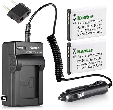Kastar VW-VBX070 Battery 2-Pack and Charger Kit for Pentax D-Li88 Panasonic VW-VBX070 Sanyo DB-L80 DB-L80AU & Pentax Optio H90 P70 P80 W90 WS80 Panasonic HX-DC1 DC2 DC10 DC15 WA10 HM-TA2 TA20 Camera