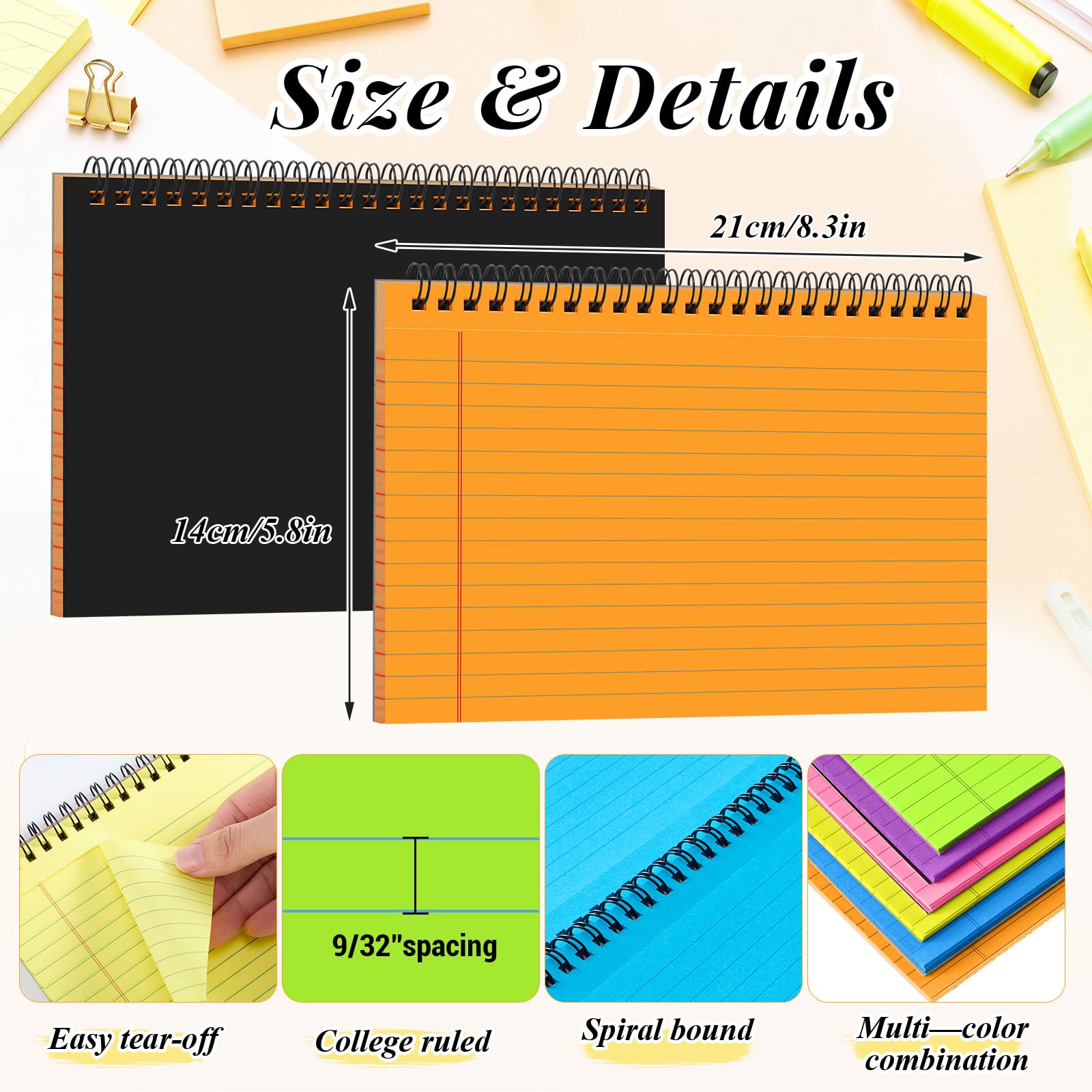 MotiMind Lot de 6 petits blocs à spirales de 21,1 x 14,7 cm, petits carnets à spirales perforés lignés pour université, 40 feuilles chacun, petit bloc-notes Steno avec couverture noire pour la maison