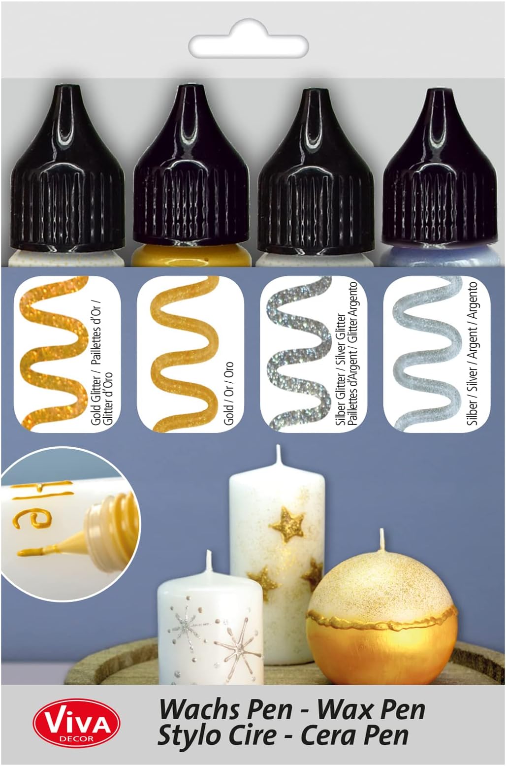 Viva Decor Candle Pen 4 x 0,95 Fl oz -Silver & Gold Set - Wax Paint for Candles | Candle Wax Pen for Custom Designs | Safe Candle Paint | for Decorating Candles | for Special Occasions | DIY Projects