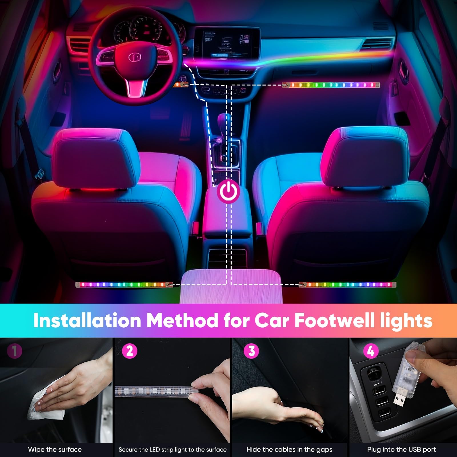 GPJYD Iluminación ambiental 5 en 1 para coche, tira LED RGB, iluminación interior del coche