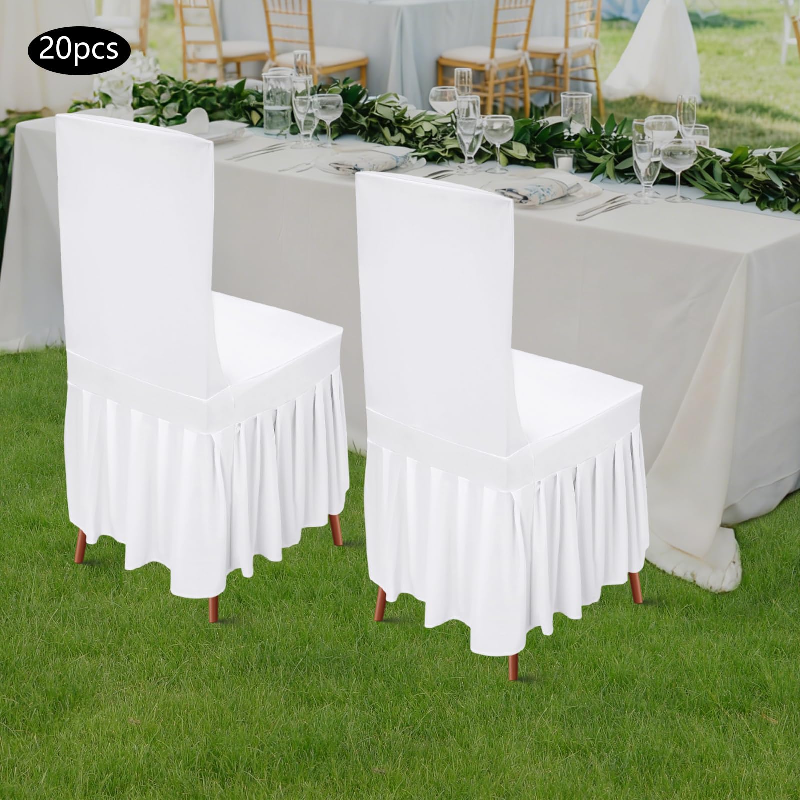 Stuhlhussen mit Skirting Faltenrock Polyester Spandex Universelle Waschbare Stuhlabdeckung Stretch Slipcovers für Hochzeit Party Essen Bankett Stuhl Dekoration, 20 Stück