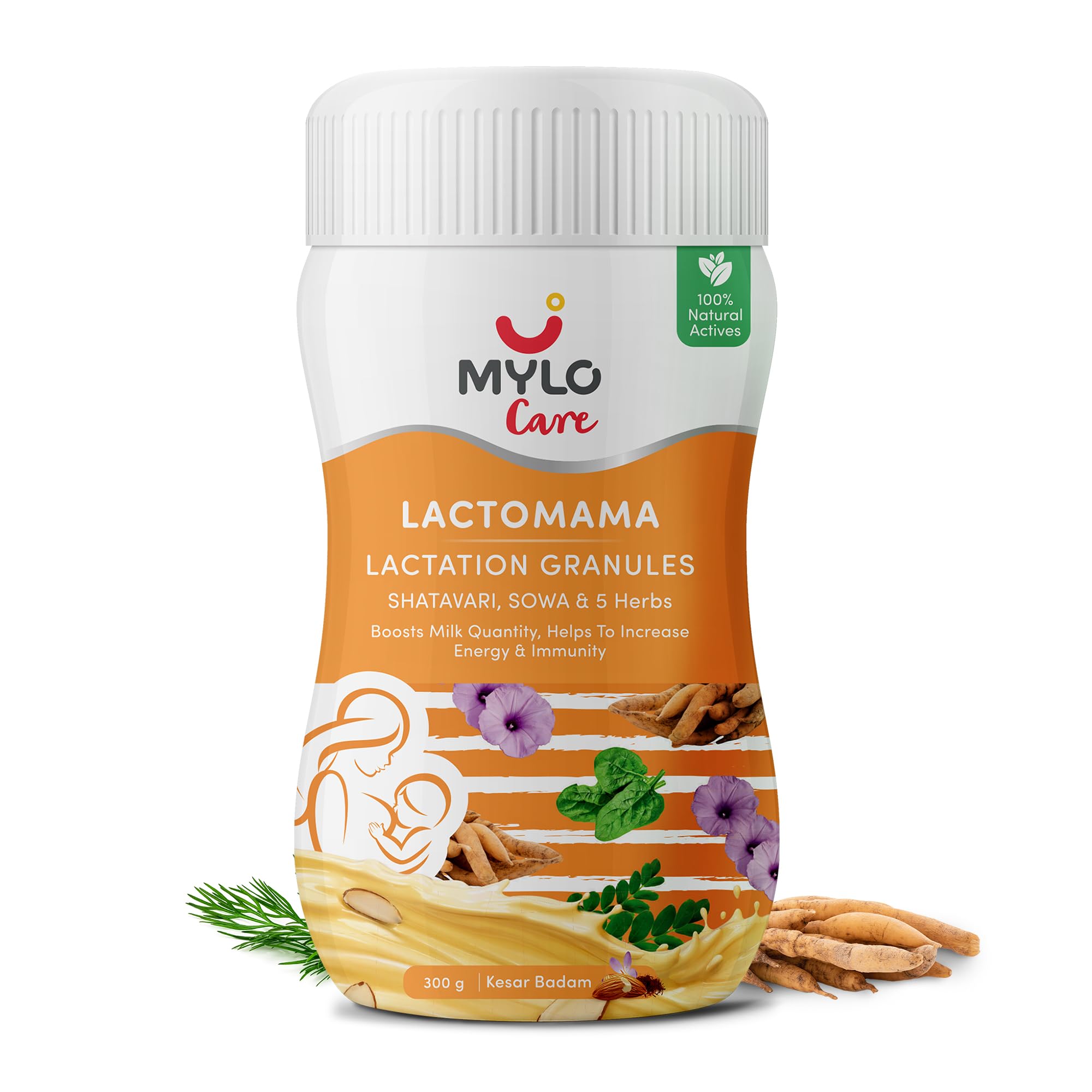 Mylo Lactomama Granules – Lactation Supplement for breastfeeding with Shatavari to Increase Breast Milk (Kesar Badam - 300 g ) | With Herbs like Moringa, Sowa & 5 Others | 2 Scoops per Serving (Pack of 1, Kesar Badam)