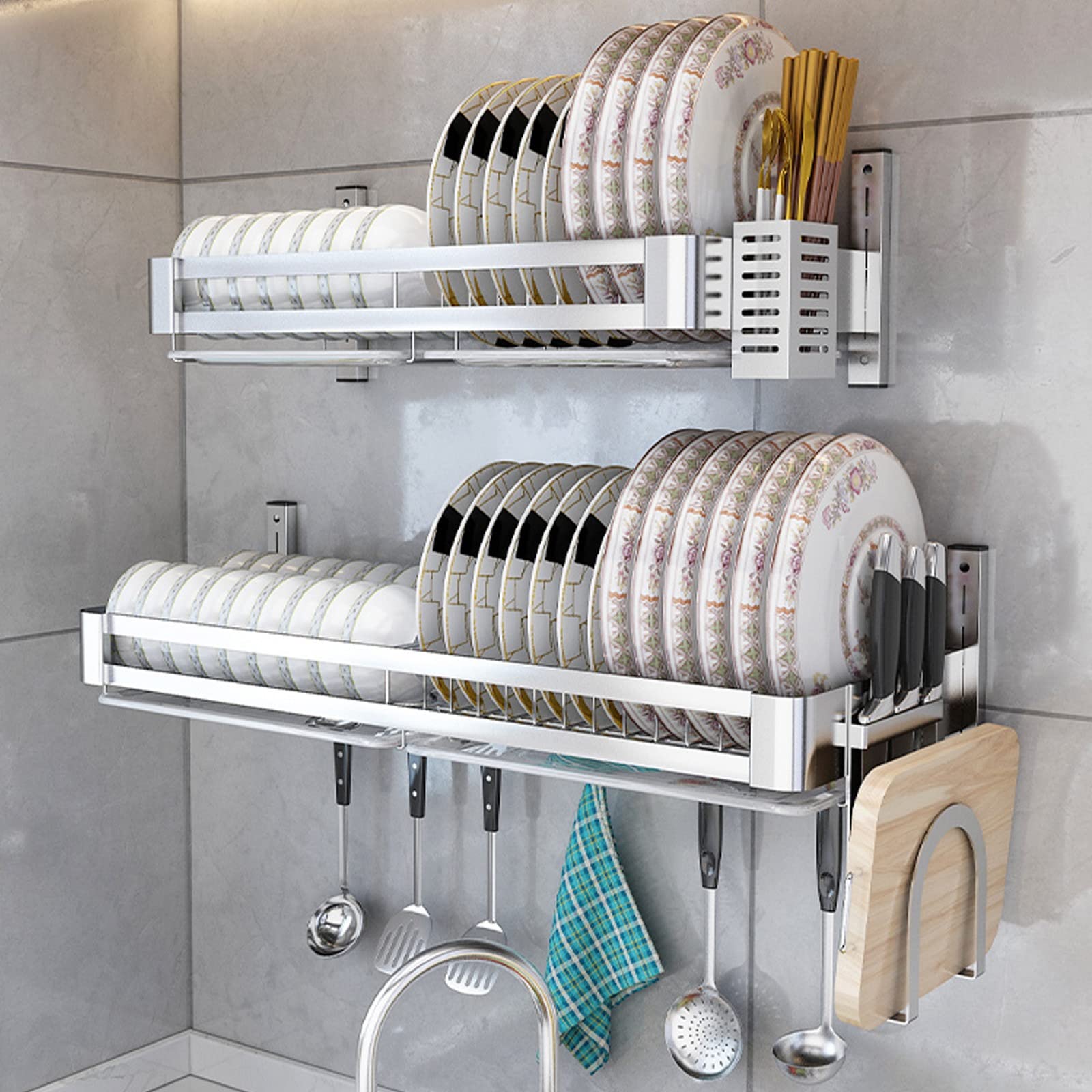 HJXGQJM Escurreplatos Acero Inoxidable, Escurridor De Platos For Colgar En La Pared,para Secar Platos con Bandeja De Goteo Y Soporte Plata 60cm/80cm Escurreplatos(60x30cm)