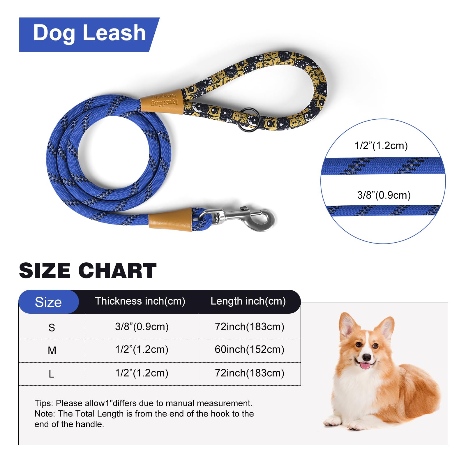 Lynxking – Laisse pour chien en corde de 1,8 m avec poignée rembourrée confortable, laisse à fils hautement réfléchissants pour chiens de petite, moyenne et grande taille (Bleu, 2PCS Grande 1/2po x