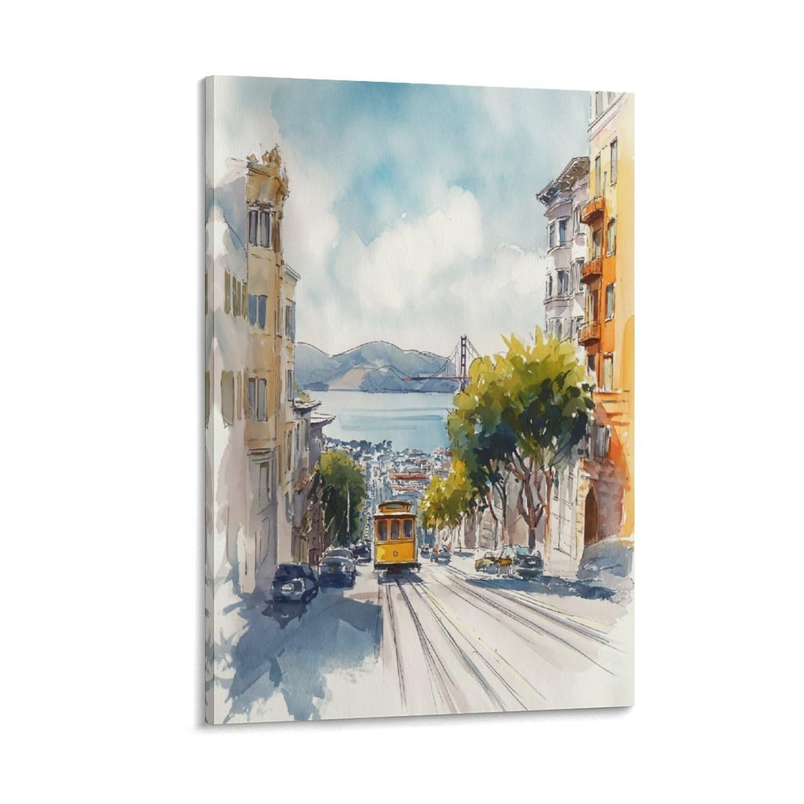 XWYMXZ Golden Gate Bridge Watercolor Painting San Francisco Travel Posters 20x30inch(50x75cm) Vintage Watercolor Canvas Art
