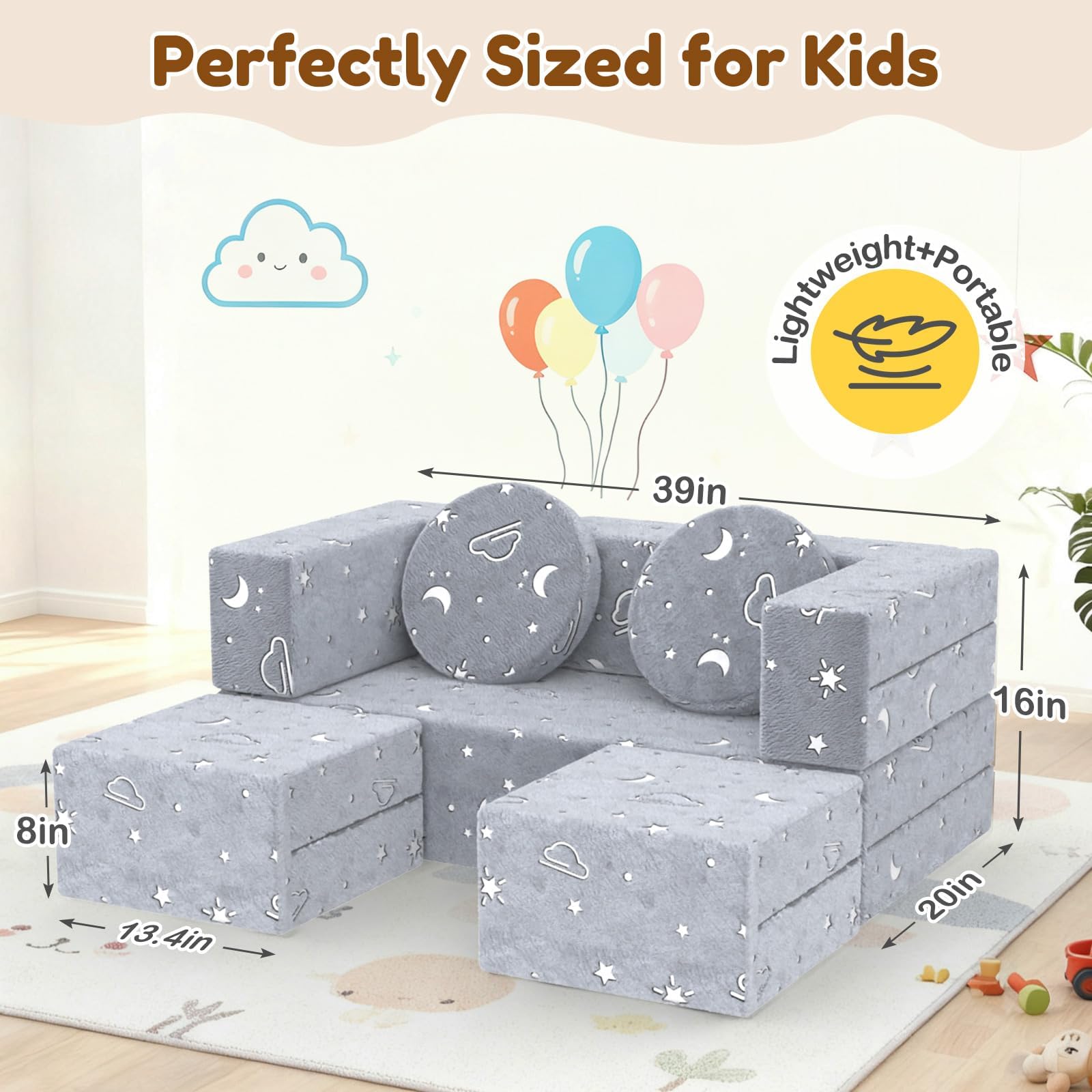 BIERUM Kids Couch, 6PCS Modular Kids Play Couch with Blanket, Play Couch Furniture for Bedroom and Playroom, Convertible Foam Couch and Floor Cushion for Boy & Girl