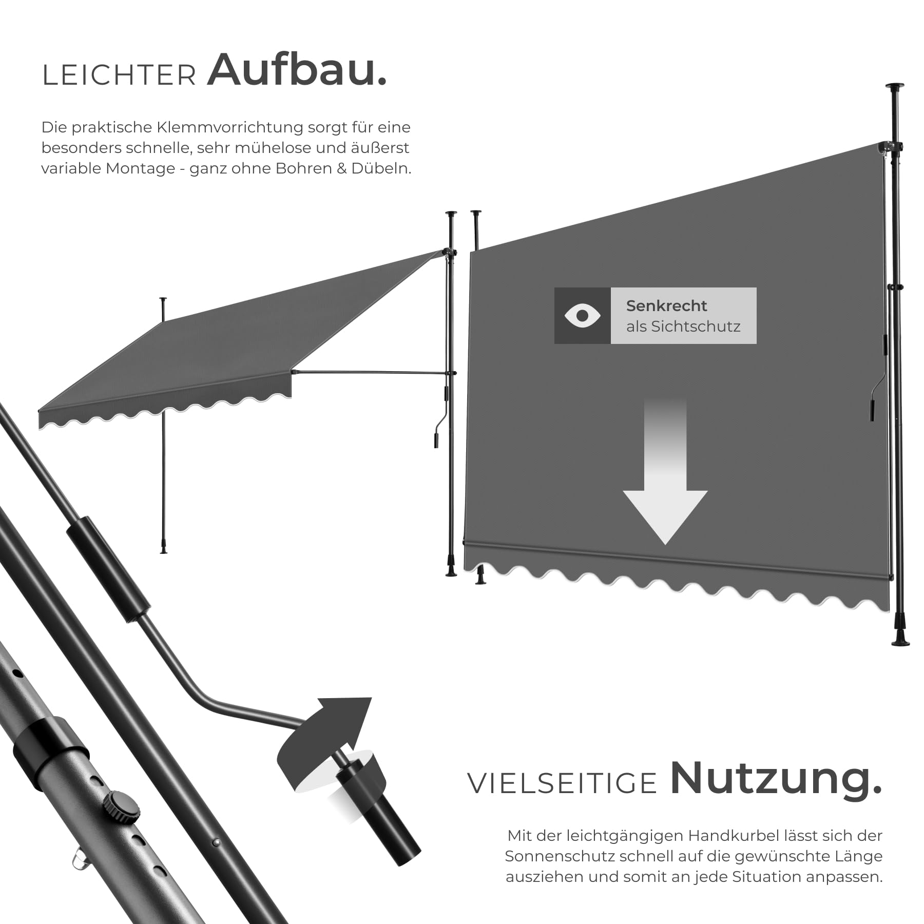 tectake® Klemmmarkise mit Handkurbel, Balkon Markise ohne Bohren, Markise höhenverstellbar, UV-beständig, wasserabweisend, Terrassenüberdachung, Sonnenschutz Terrasse & Balkon, 350 cm