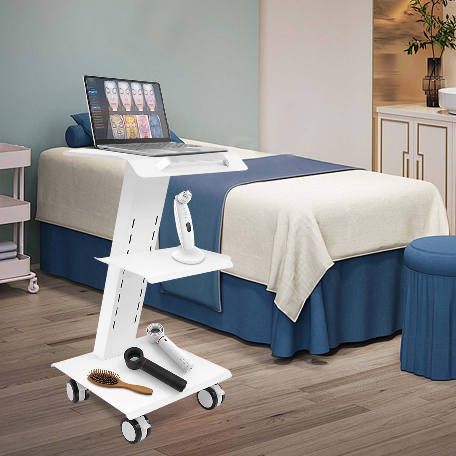 Carrello multifunzione da laboratorio, livello 3, con presa di corrente, carrello per attrezzi, clinica, pratica, studio cosmetico, altezza regolabile, in acciaio, con prese freni, con 3 connettori a