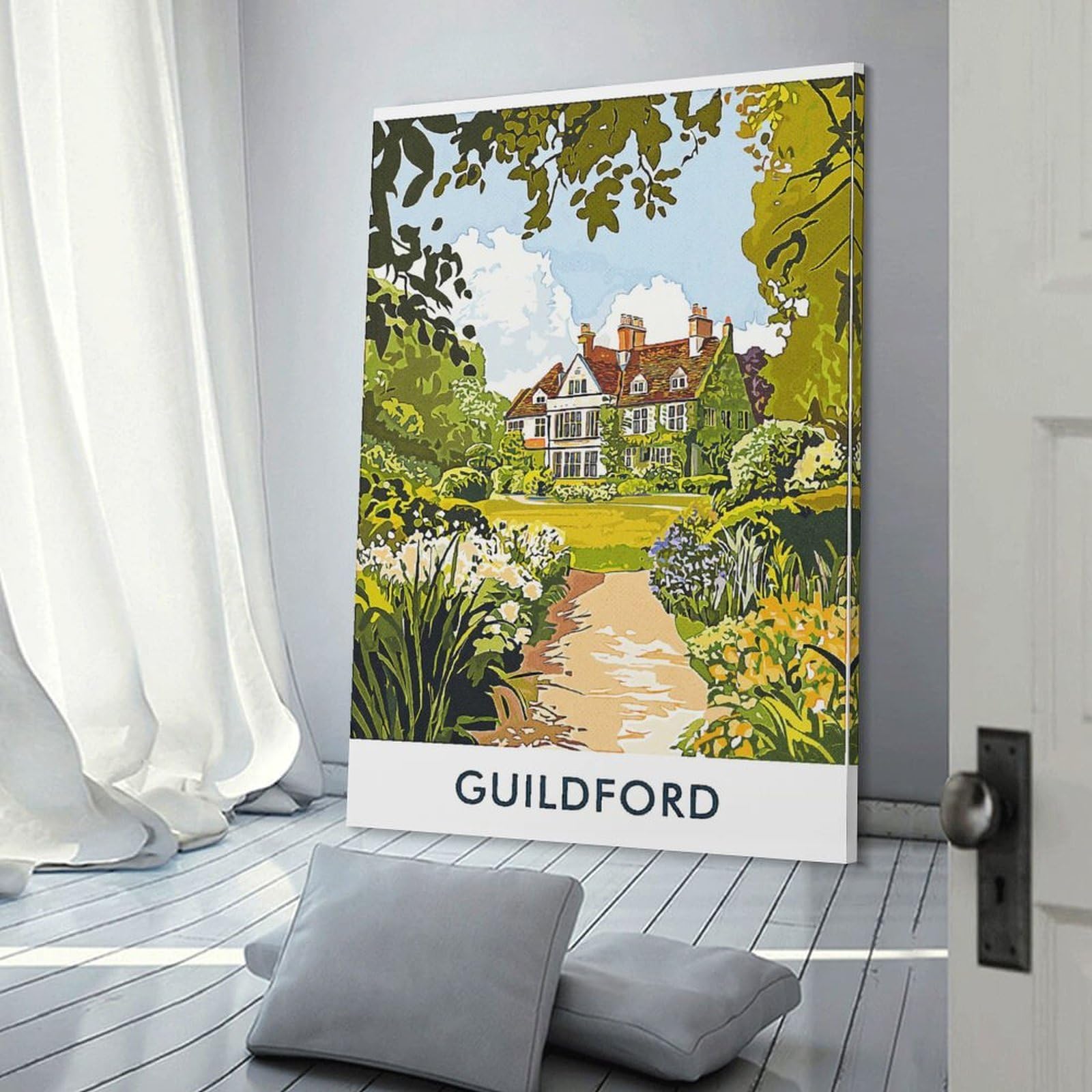 Junmoney Canvas Wall Picture Guildford House Illustration, 24x36inch(60x90cm), for Calm Bedrooms, Home Corners Or Flats, Decorative Wall Art for Cosy Rooms