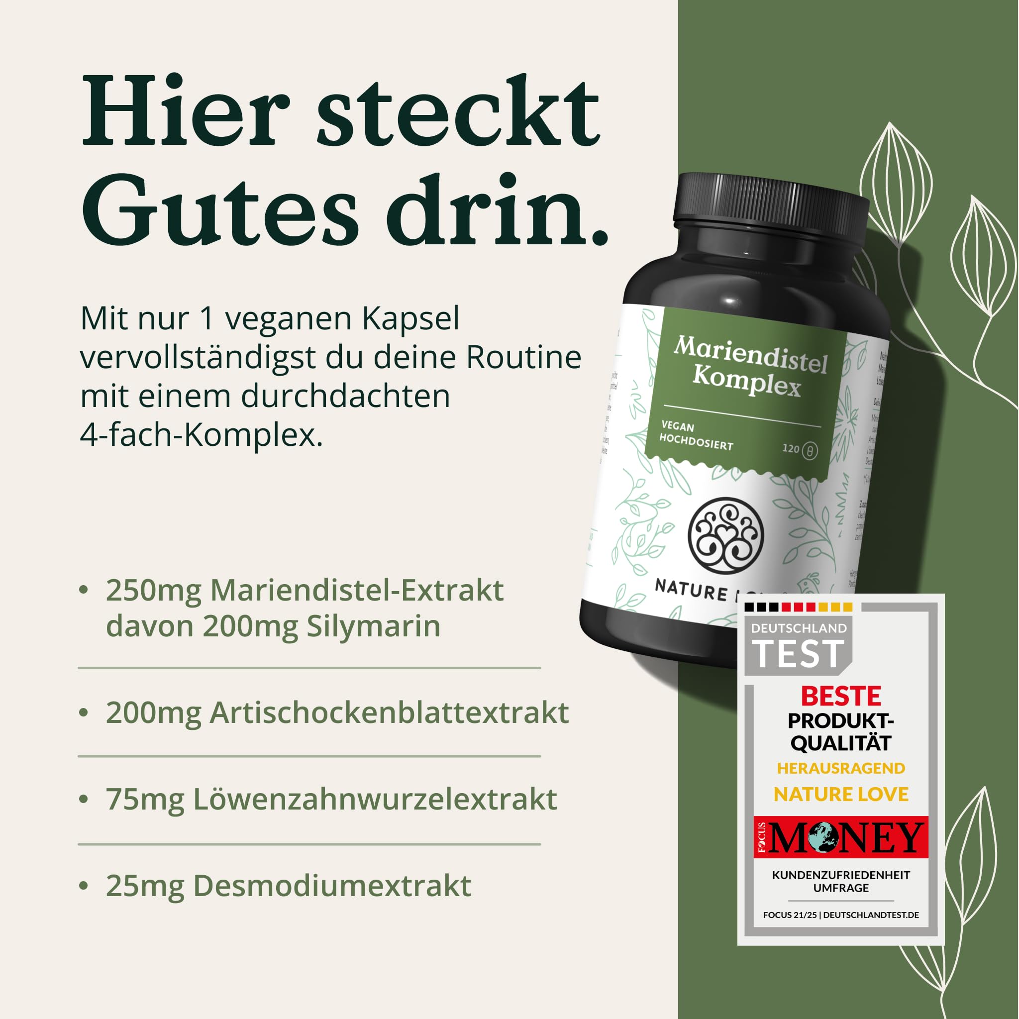 NATURE LOVE® Mariendistel, Artischockenextrakt, Löwenzahn & Desmodium 4-fach Komplex - 120 vegane Kapseln - Hochdosiert mit 80% Silymarin - Laborgerprüft, hochdosiert, in Deutschland produziert