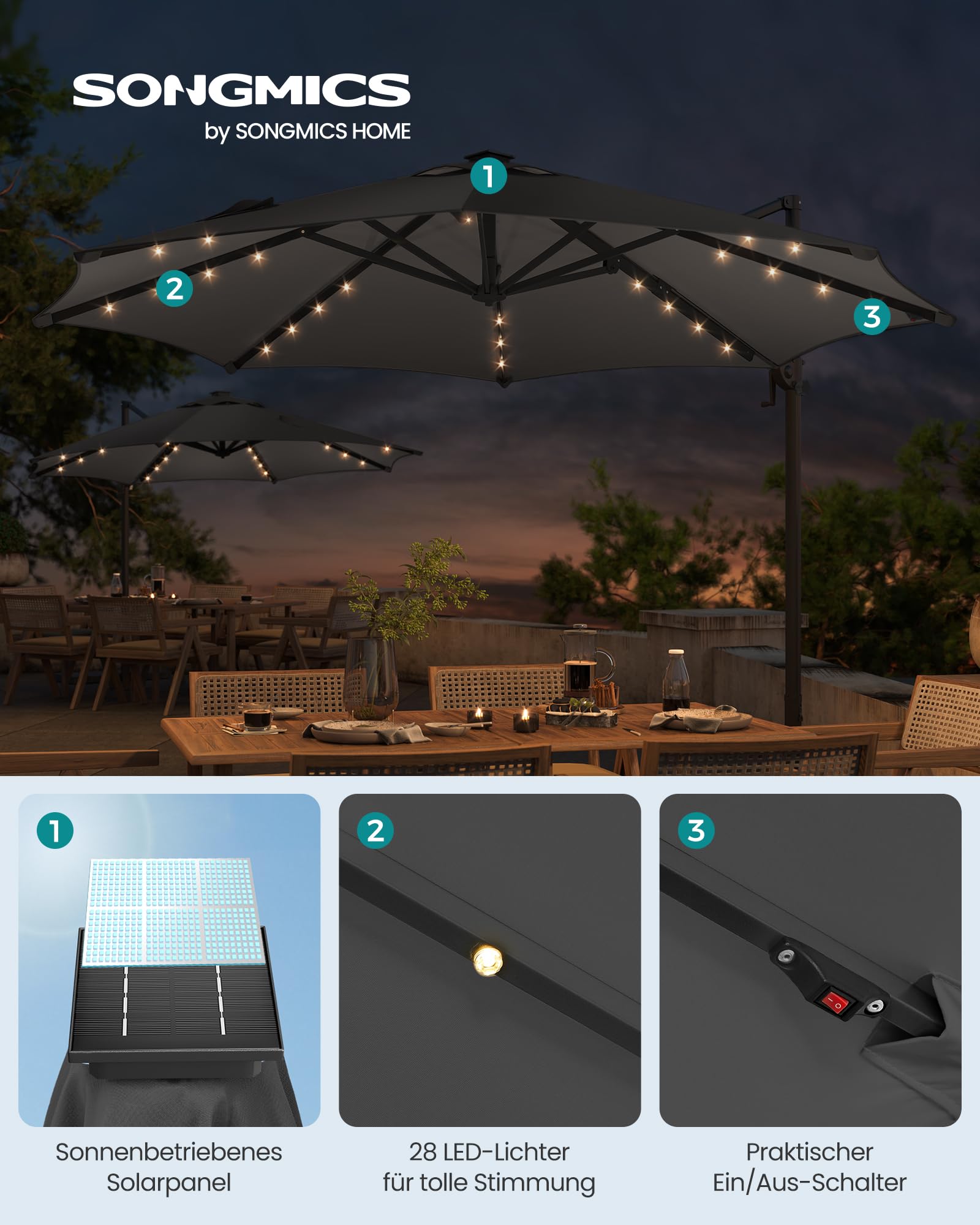 SONGMICS Sonnenschirm Ampelschirm 300 cm 28 Solar-LED-Leuchten | UPF 50+, Gartenschirm, um 360° drehbar, Neigungswinkel stufenlos verstellbar, mit Kurbel, Kreuzfuß, grau GPU047G02