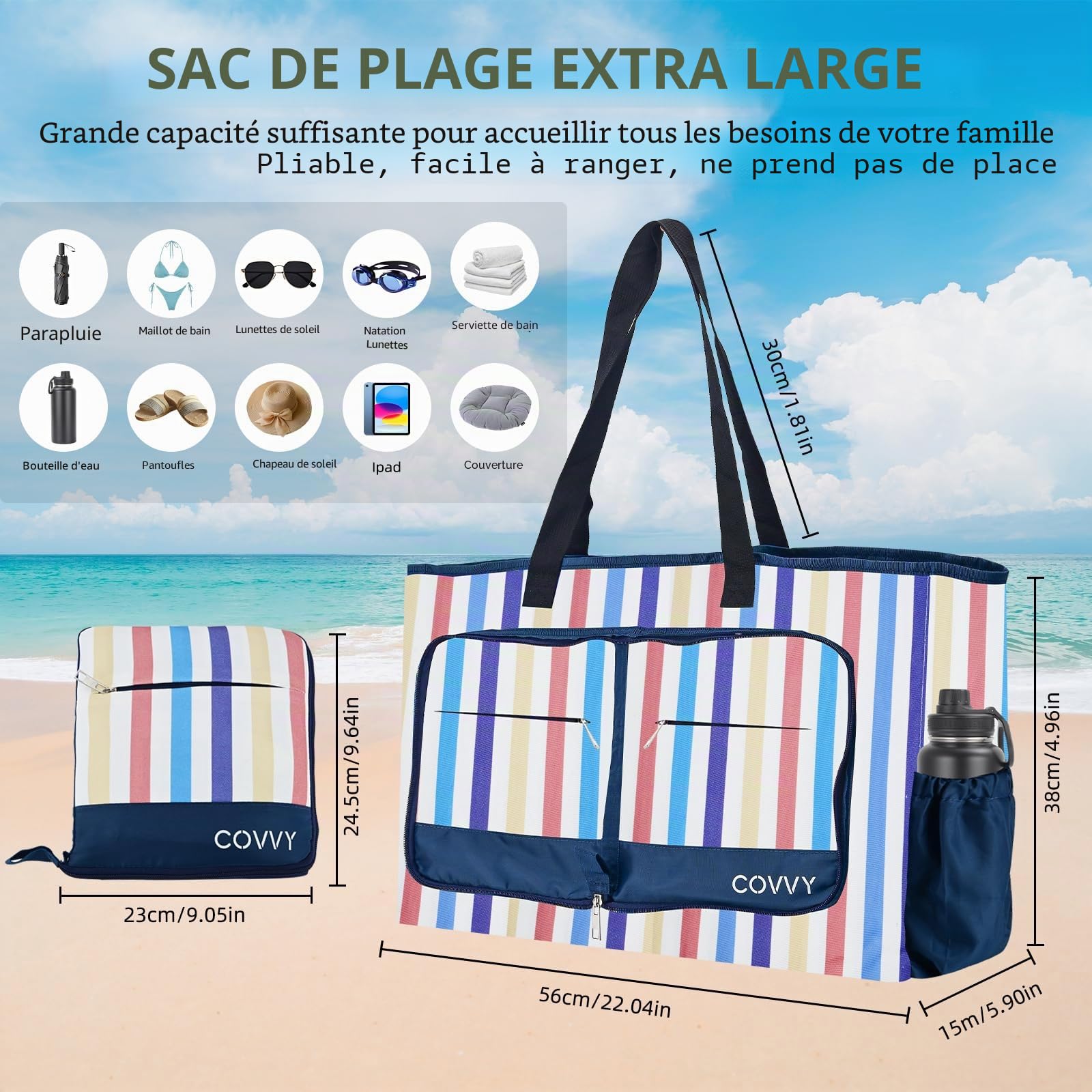 Sac de plage, sac fourre-tout extra large pour femme avec fermeture éclair, étui étanche pour téléphone, décapsuleur, plusieurs poches, résistant à l'eau et au sable, sac à bandoulière pliable